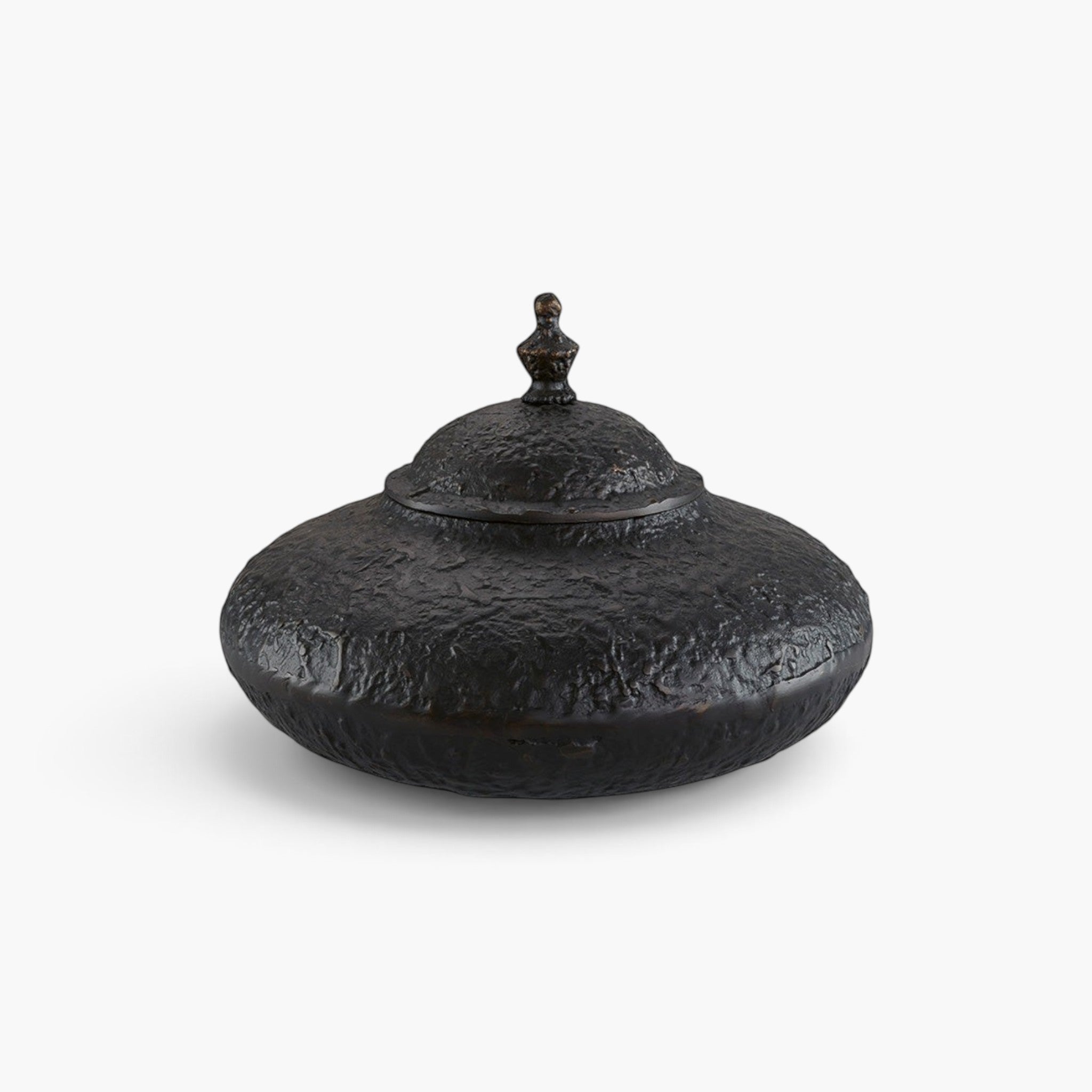 Lyckåsen Fiora round metal decorative box in antique black and bronze with a textured finish and lid