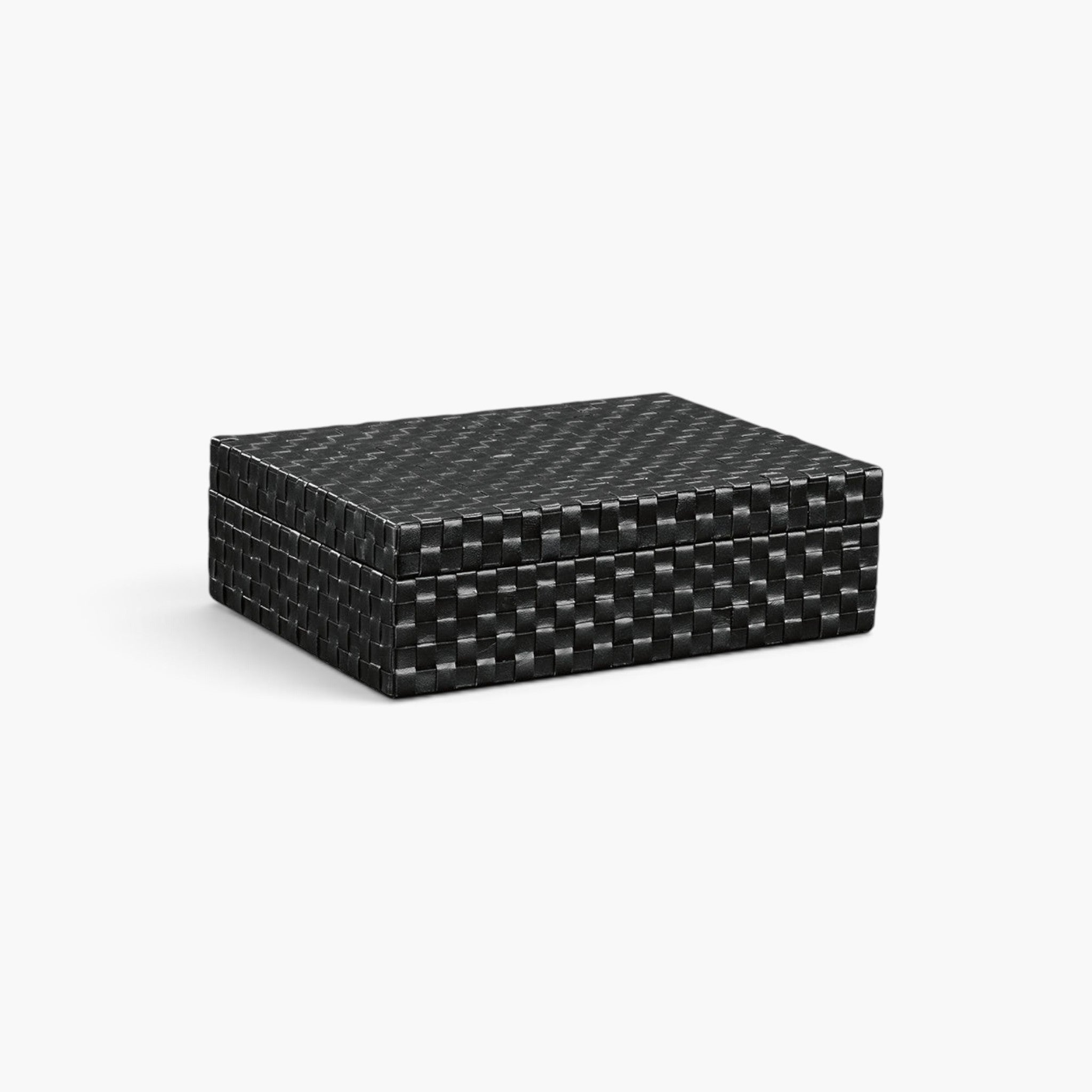 Lyckåsen Fuego black storage box featuring a robust wooden frame with an elegant woven leather exterior.