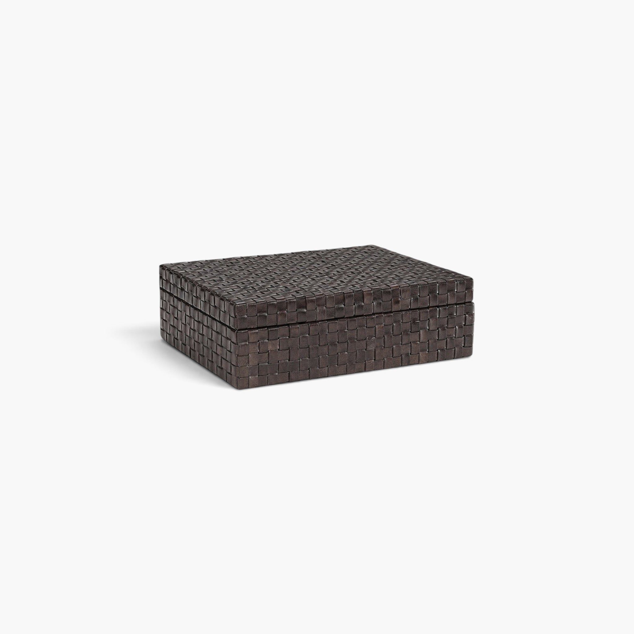 Lyckåsen Fuego storage box in brown woven leather with a sturdy wooden frame for elegant home organization.