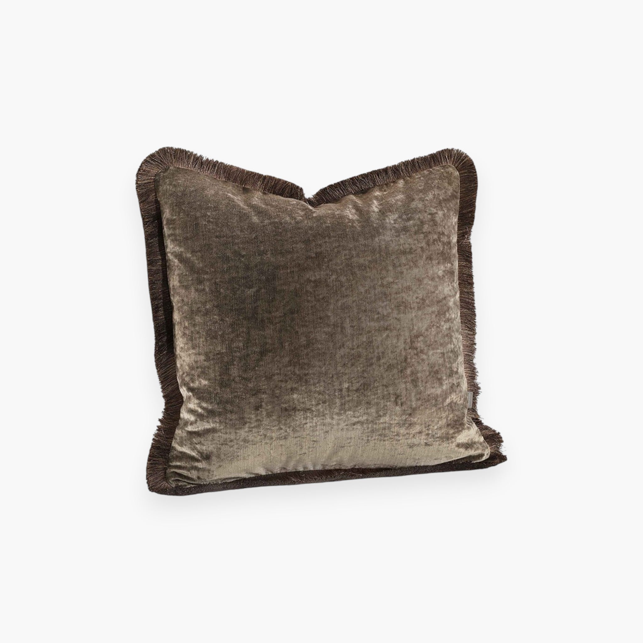 Lyckåsen Garda taupe velvet cushion cover with elegant fringe trim and a soft, shimmering texture.