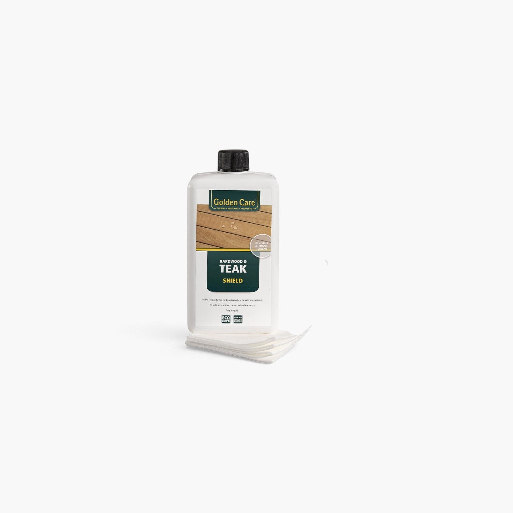 Lyckåsen Golden Care Teak Shield bottle with applicator cloths for protecting indoor and outdoor wooden furniture