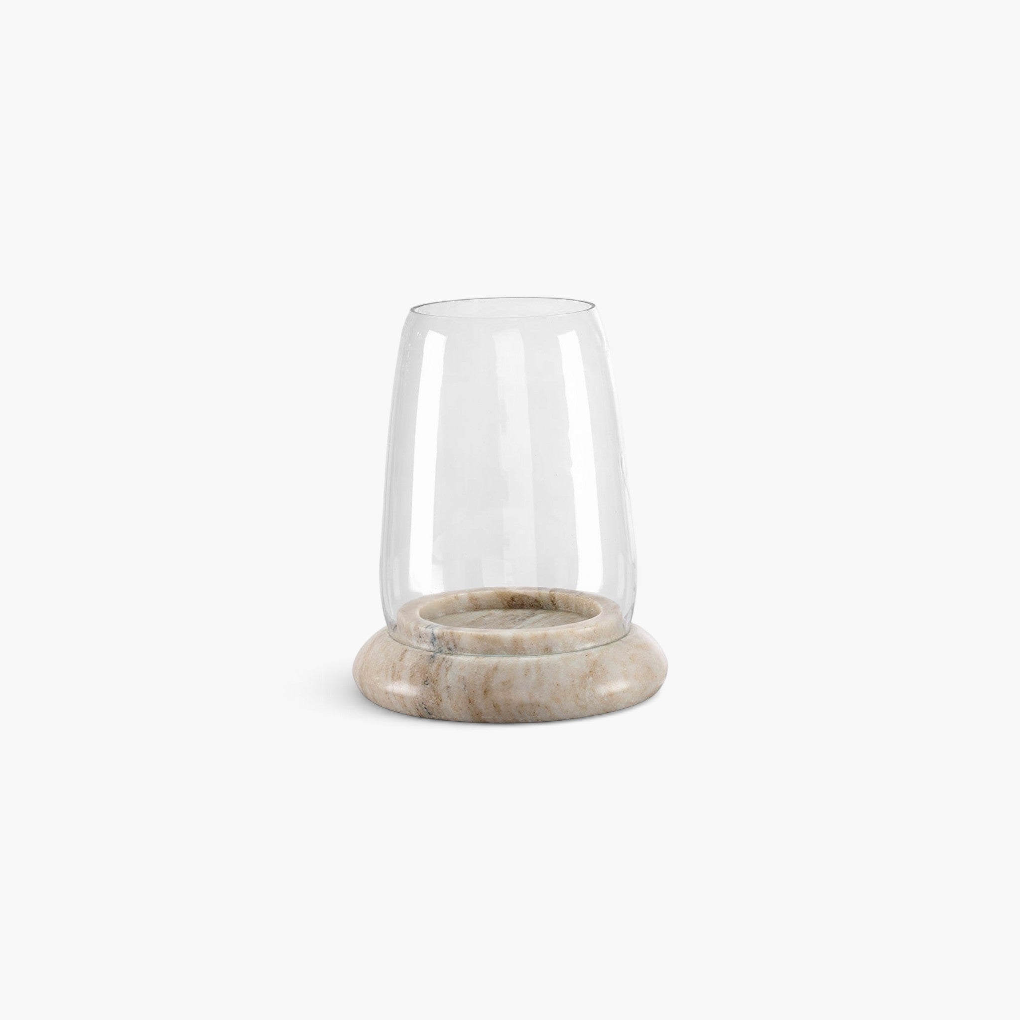 Lyckåsen Hera lantern featuring a beige marble base and a clear glass cylinder for a sophisticated home decor look.