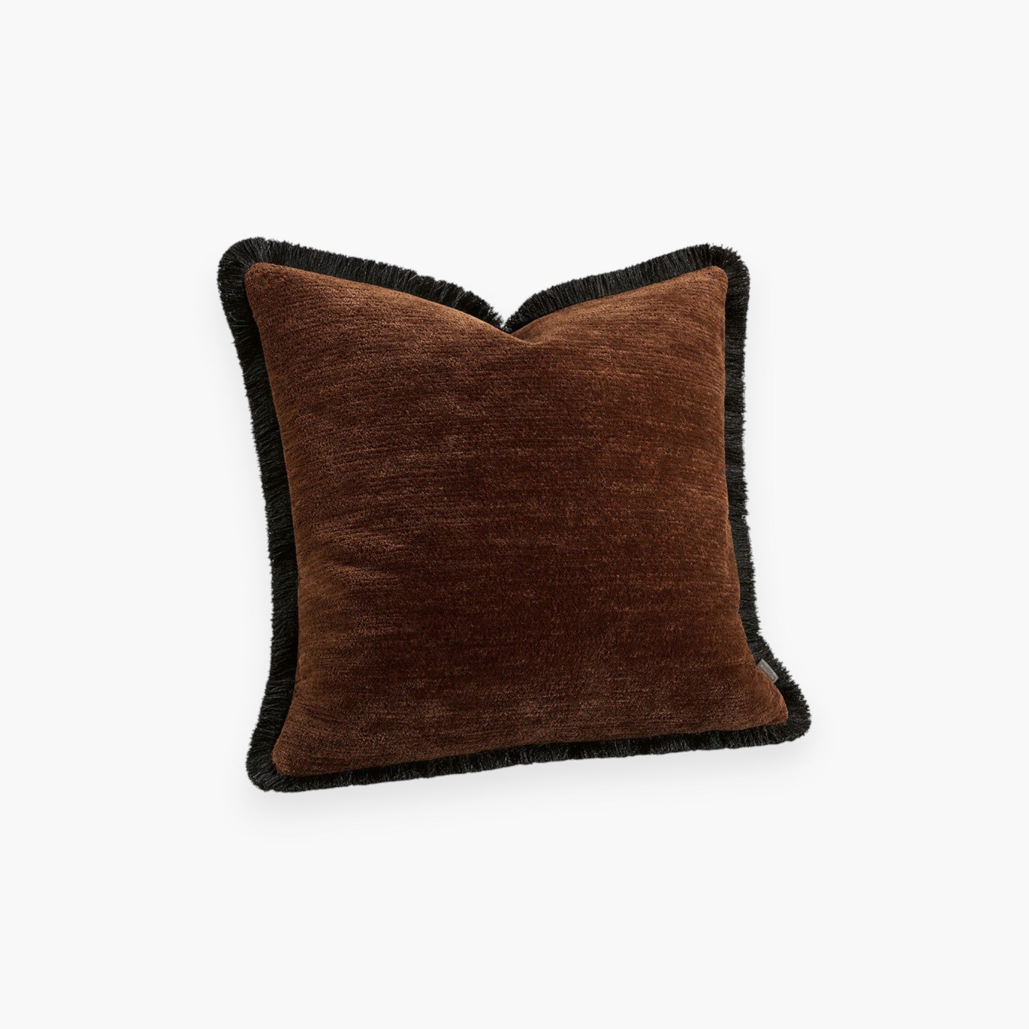 Lyckåsen Jovino hazel brown cushion cover with a soft textured finish and dark brown fringe trim.