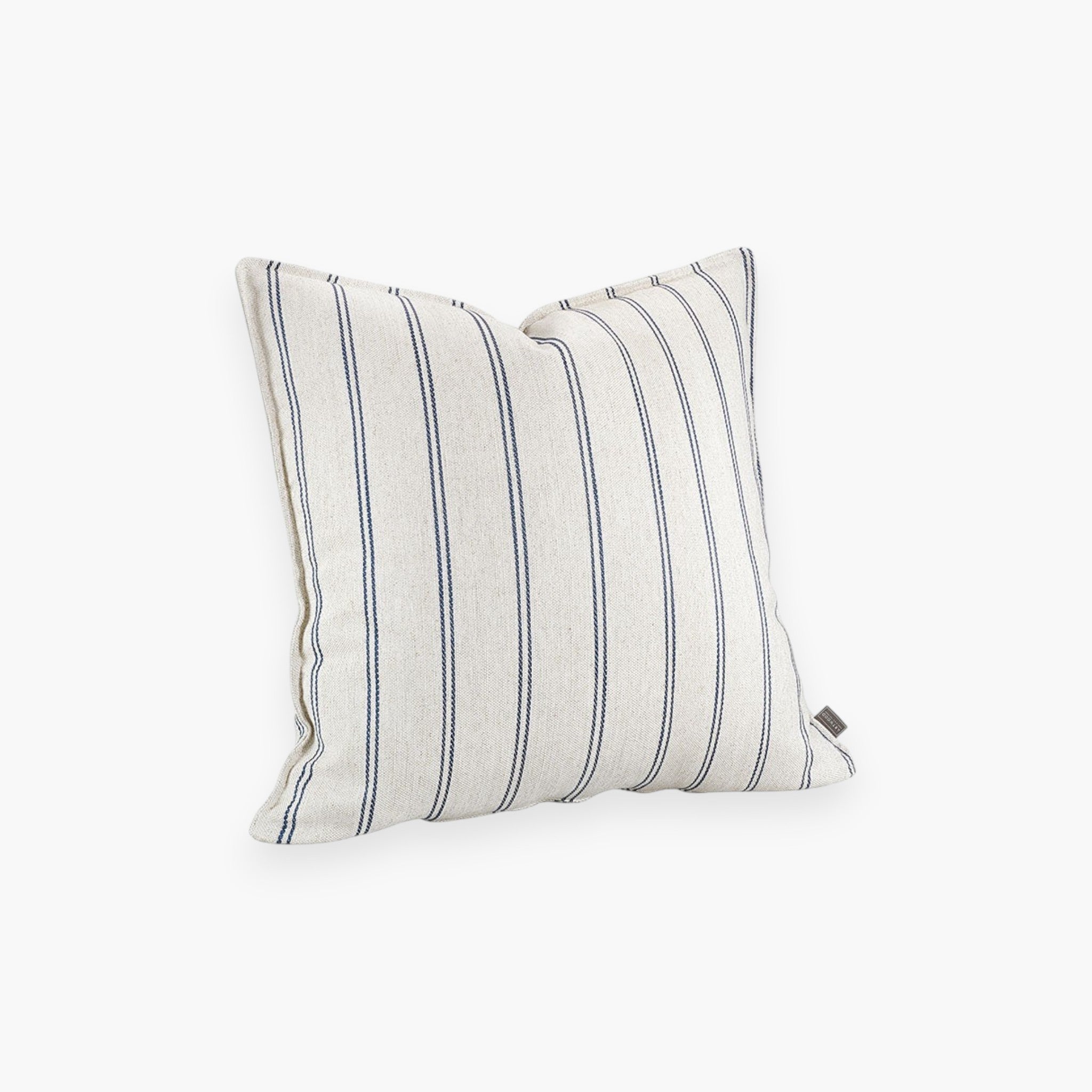 Lyckåsen Lotus blue and white striped cushion cover with decorative side stitching and a hidden zipper closure.