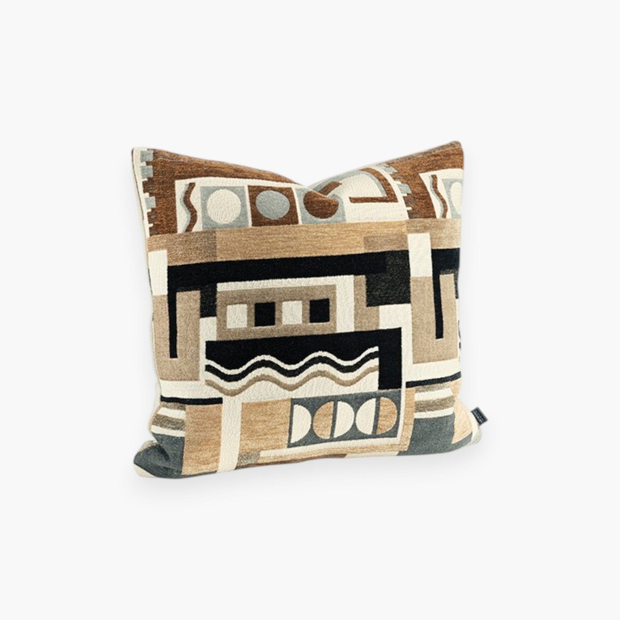 Lyckåsen Luca geometric cushion cover featuring a retro-inspired abstract pattern in beige, brown, black, and grey.