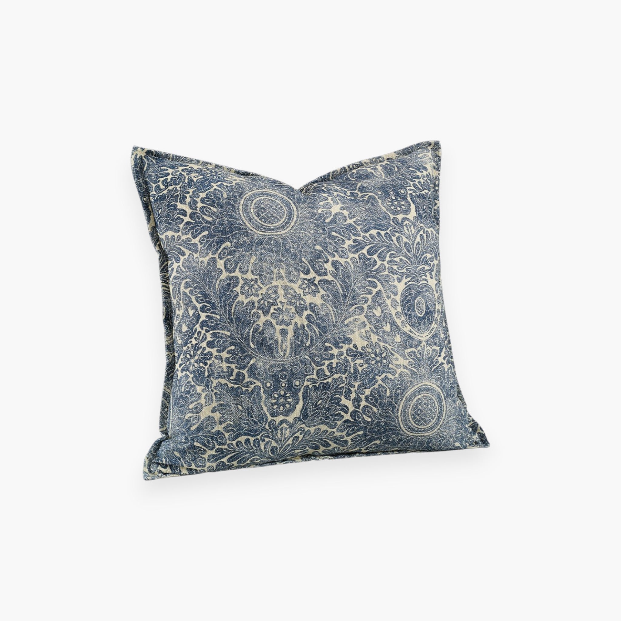 Lyckåsen Medina Flower cushion cover in indigo blue with an ornate floral pattern in a cotton and linen blend.