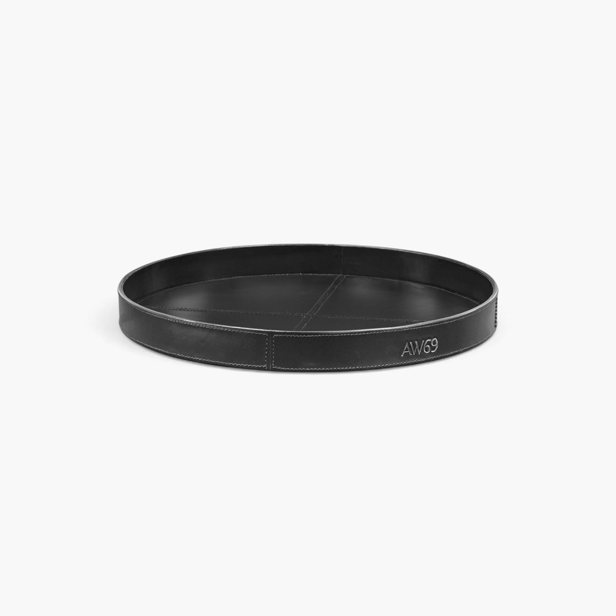 Lyckåsen Mendoza round black leather serving tray with decorative stitching and AW69 embossed detail