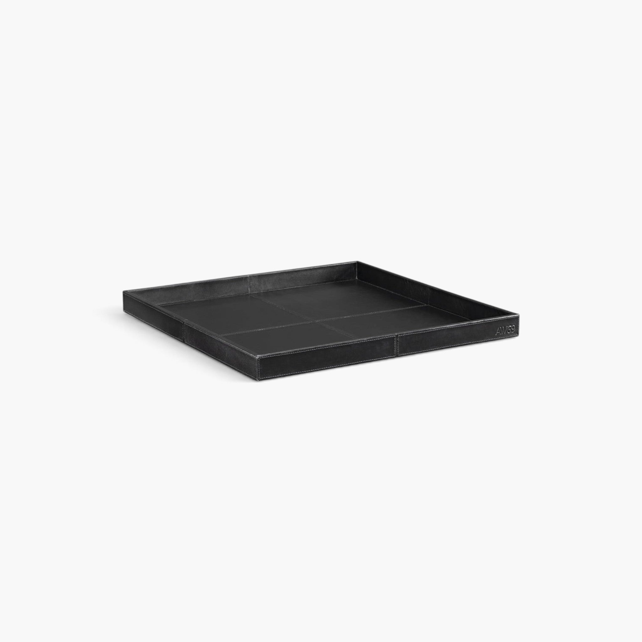 Lyckåsen Mendoza square black leather serving tray with decorative stitching and a minimalist design.