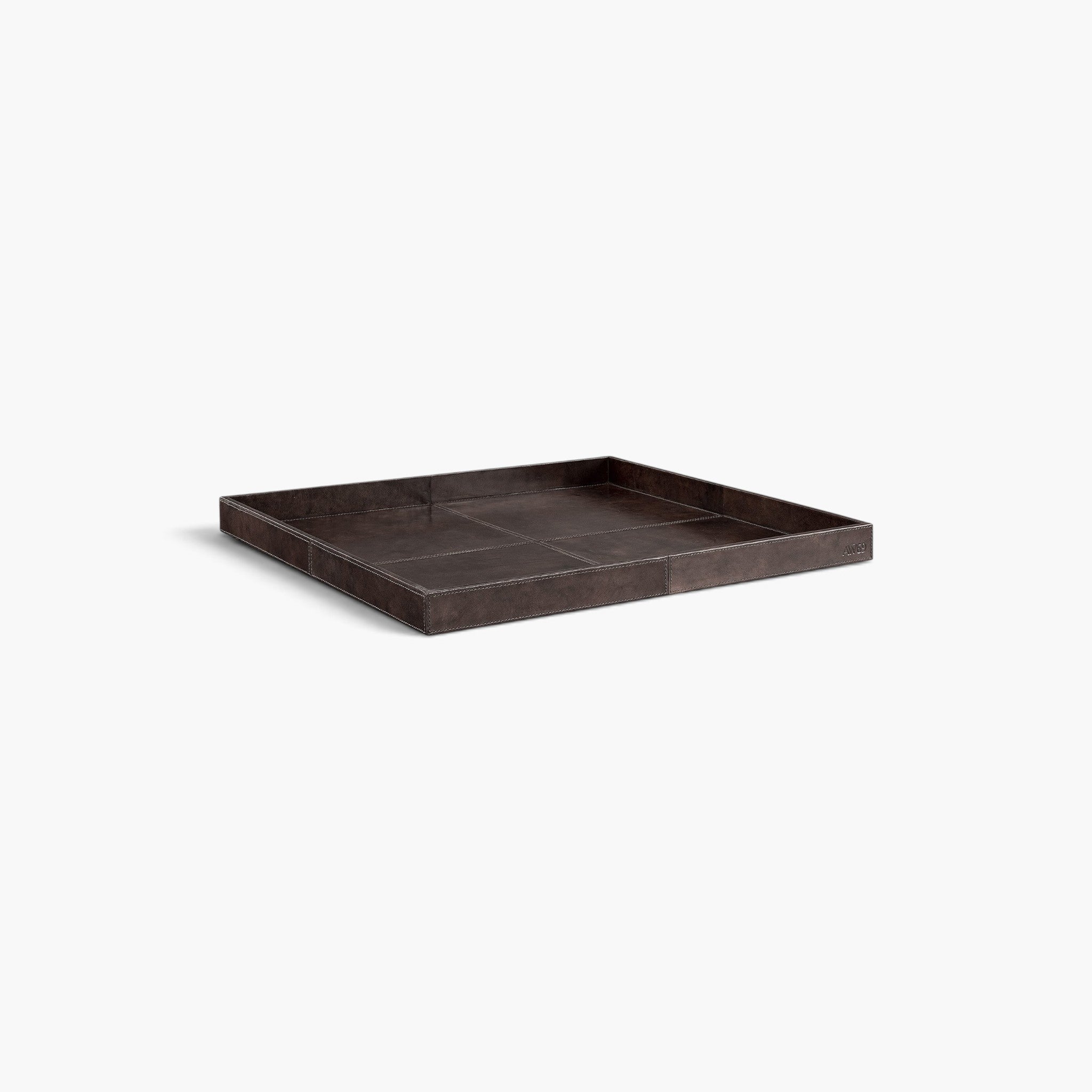 Lyckåsen Mendoza square serving tray in deep brown leather with decorative white stitching on a white background.