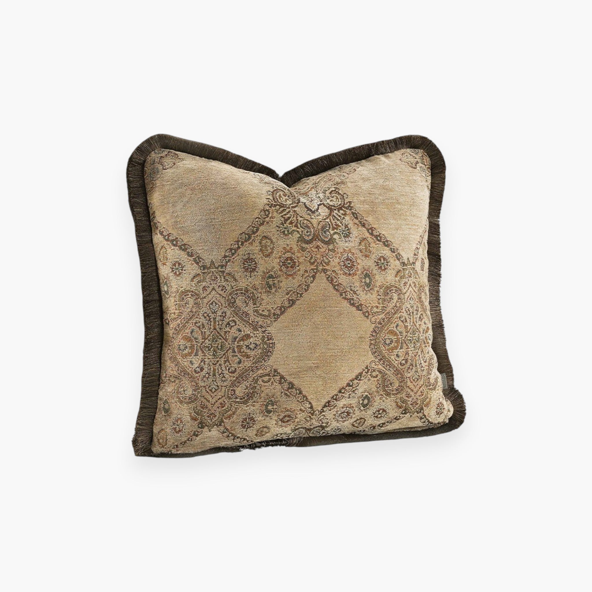 Lyckåsen Miralago beige paisley cushion cover with dark brown fringe trim and textured woven fabric