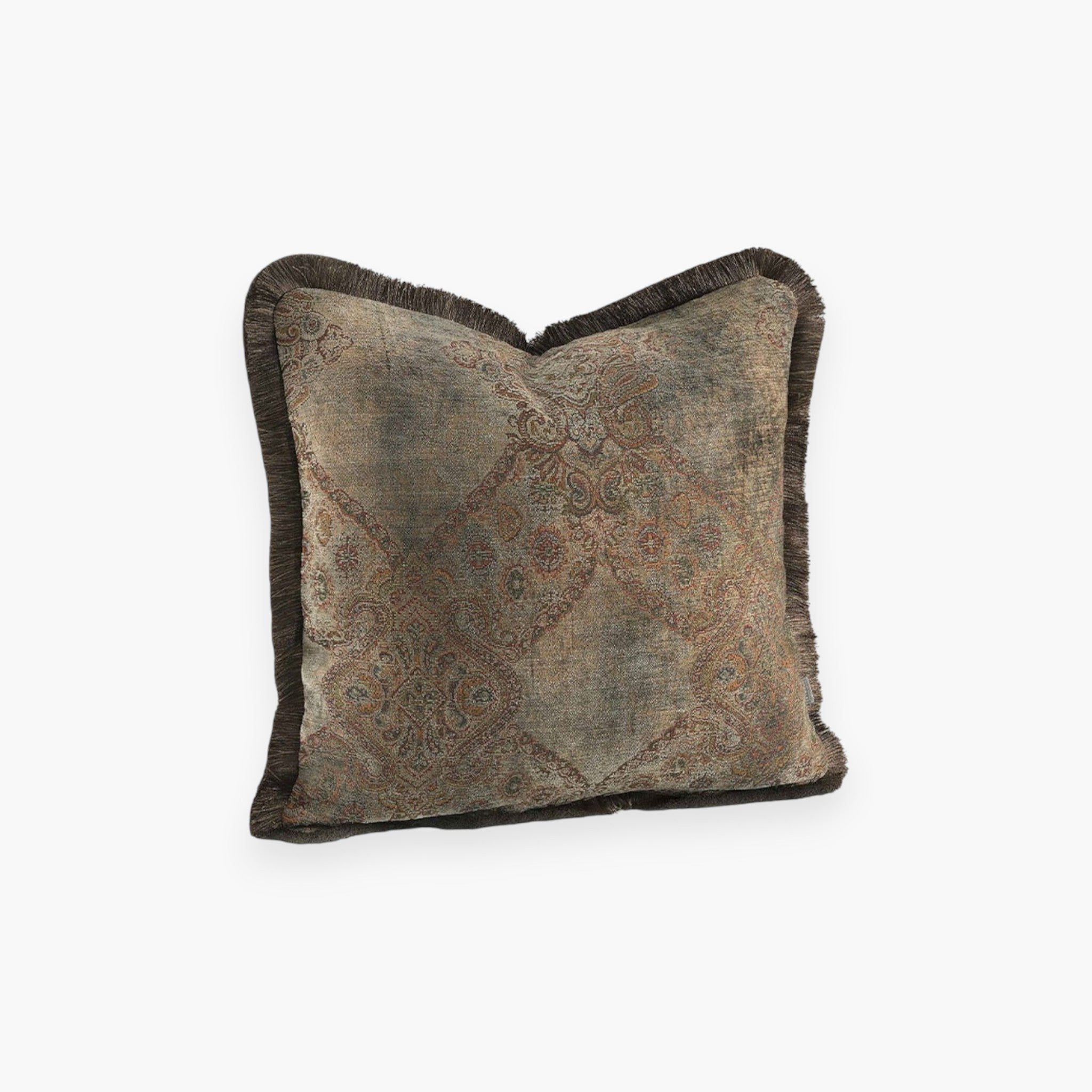 Lyckåsen Miralago taupe paisley cushion cover with textured fabric and decorative fringe trim