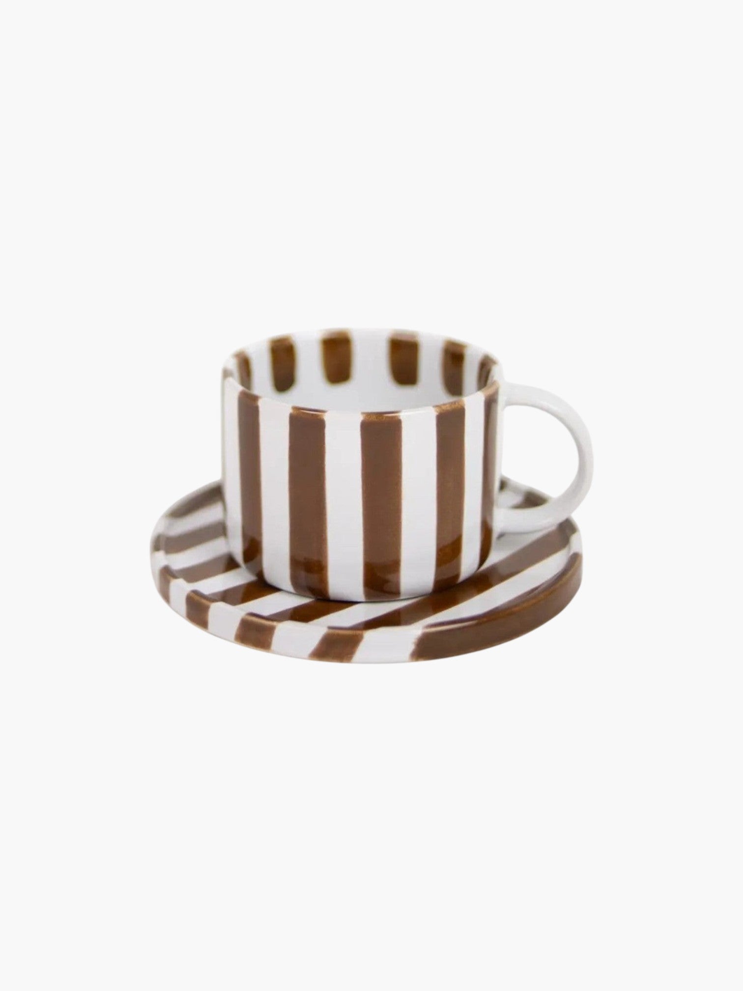 Lyckåsen Monica hand-painted ceramic coffee cup and saucer with brown and white vertical stripes