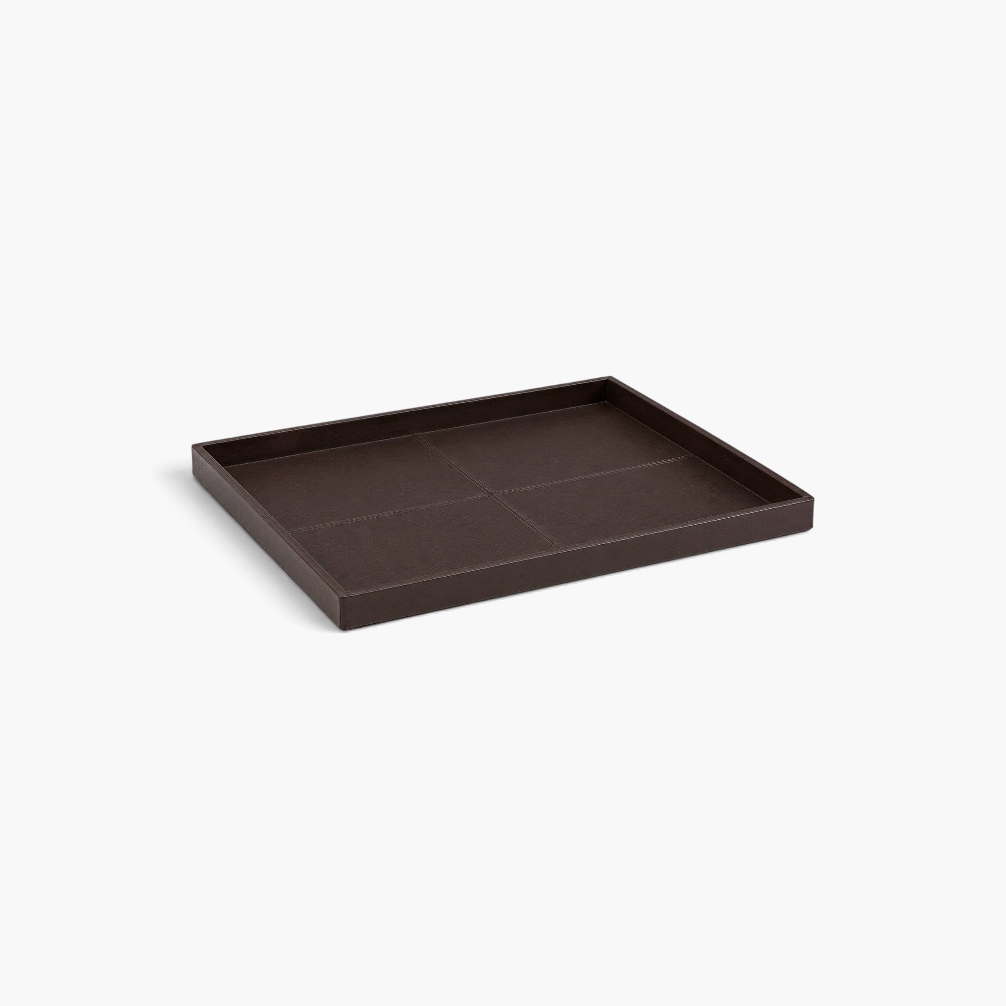 Lyckåsen Montero square serving tray in deep brown leather with decorative stitching for home decor.