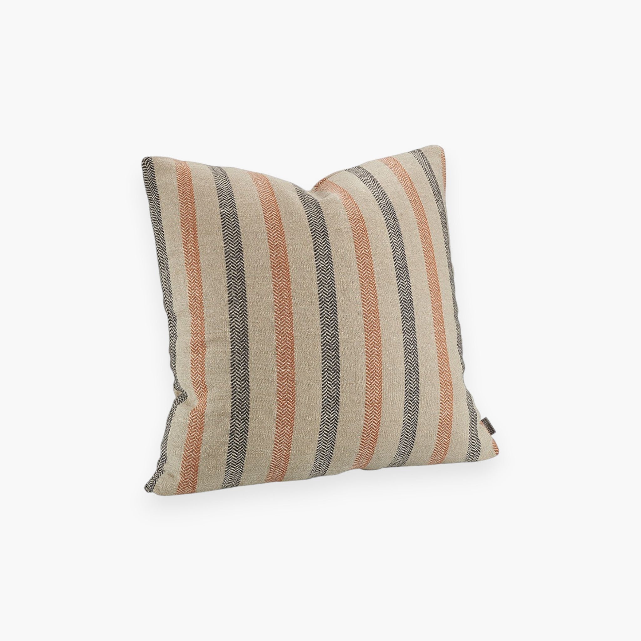 Lyckåsen ochre linen cushion cover with vertical herringbone striped pattern and a hidden zipper closure.