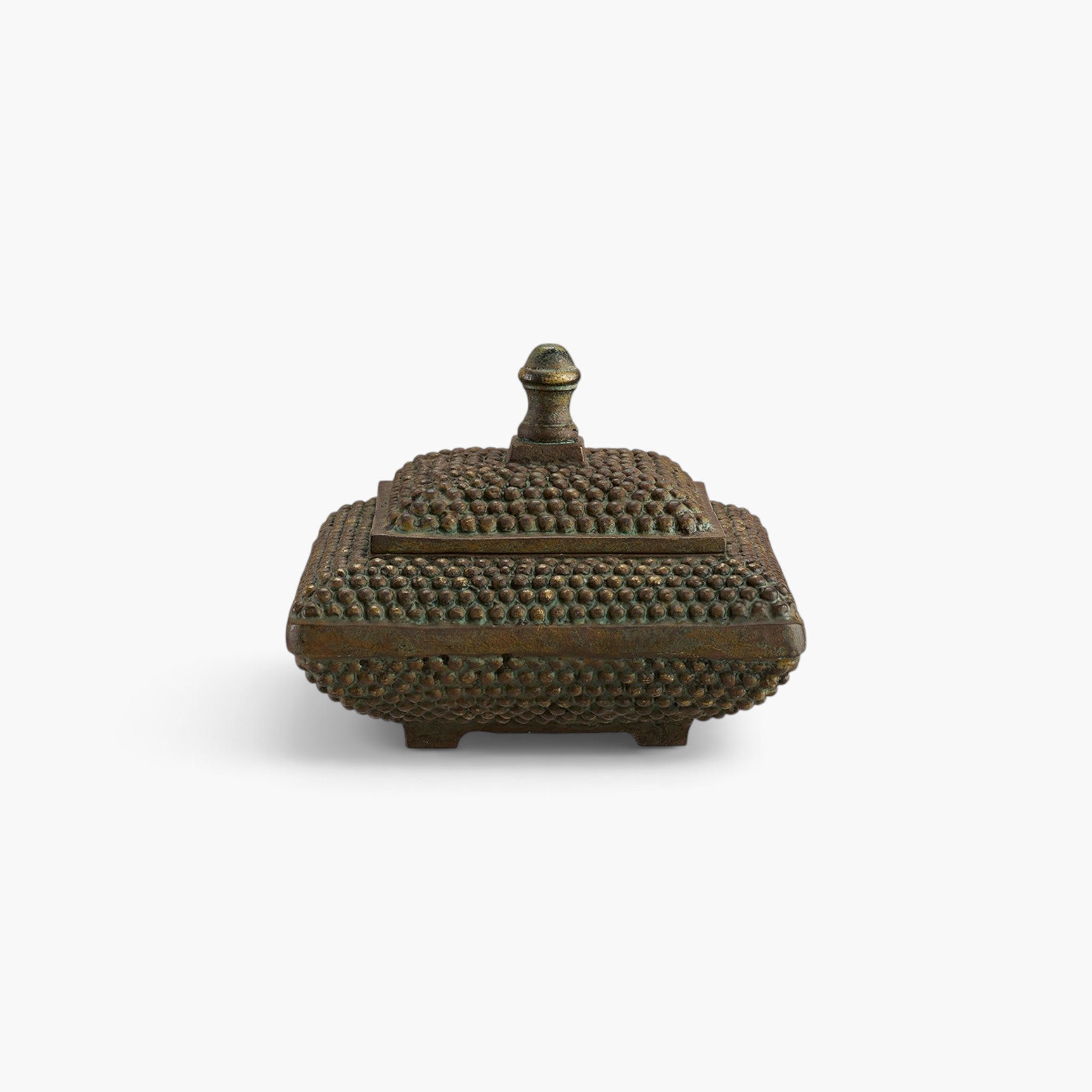 Lyckåsen Orba decorative metal box with green patina and textured beaded surface for elegant home storage