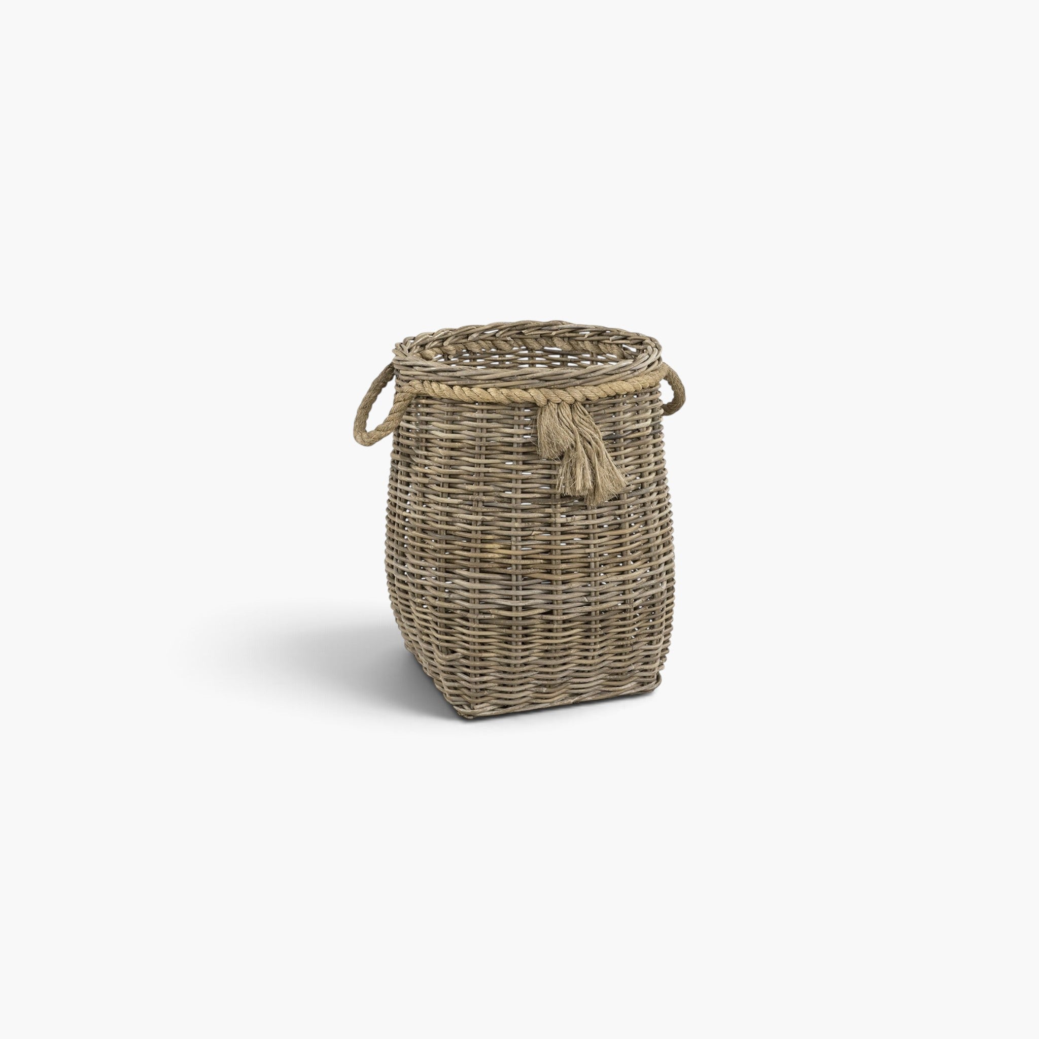 Lyckåsen Palma storage basket in Kubu grey rattan with decorative rope handles and tassel detail.