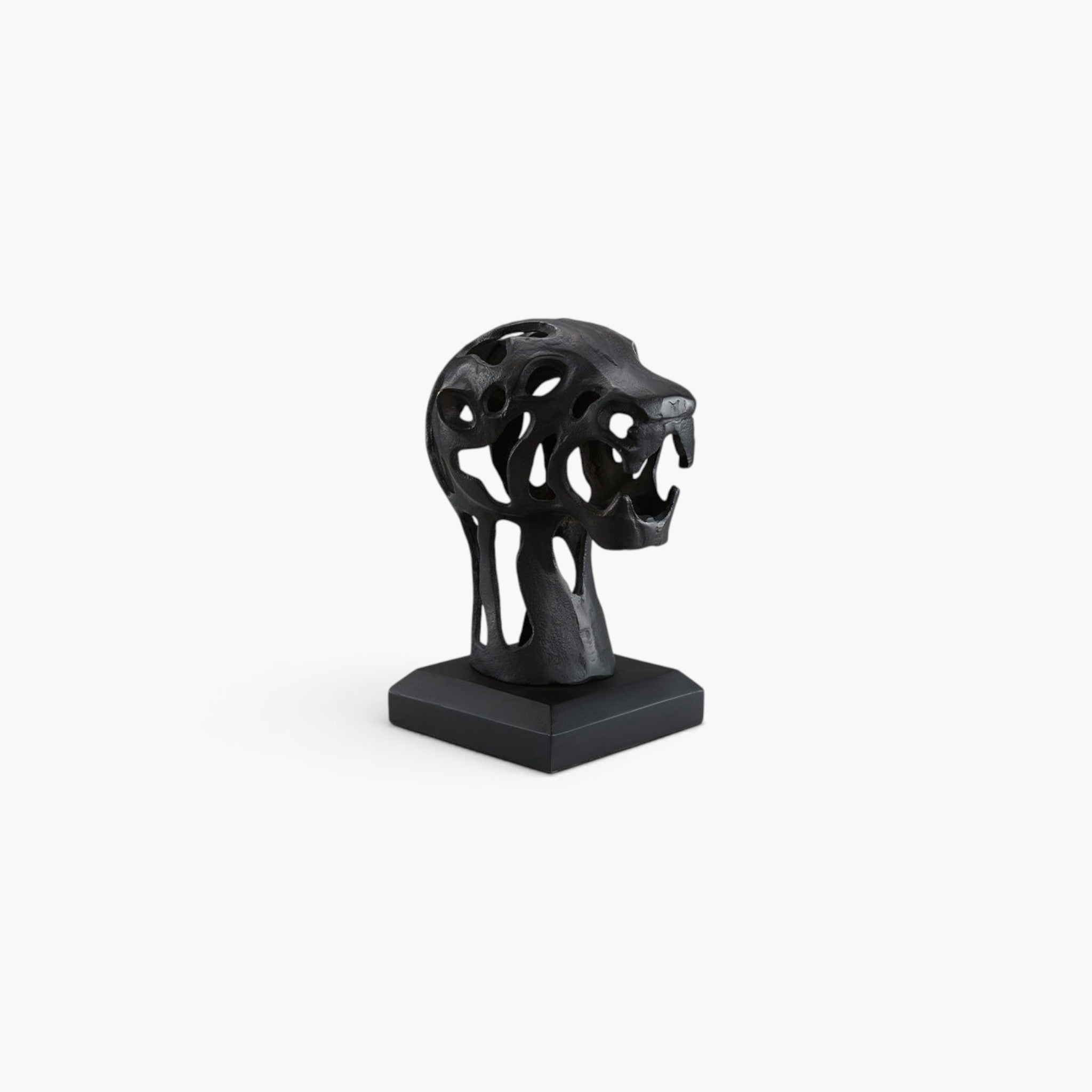 Lyckåsen antique black and bronze aluminium panther head sculpture on a square base