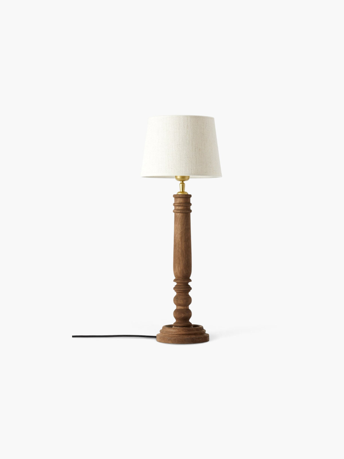 Lyckåsen Qvist 410 table lamp with a brown stained sandblasted wood base and a classic off-white fabric shade.