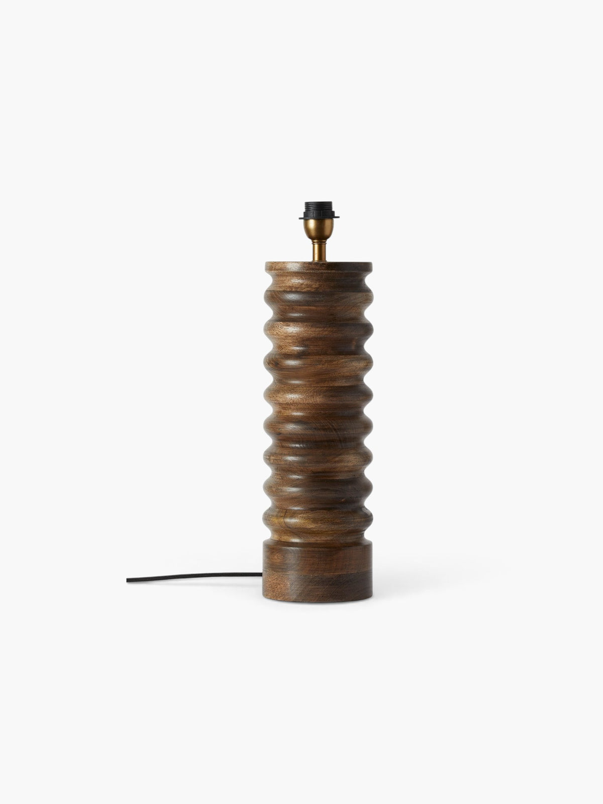 Lyckåsen Qvist 412 table lamp base in dark brown walnut wood with a ribbed cylindrical design and fabric cord.