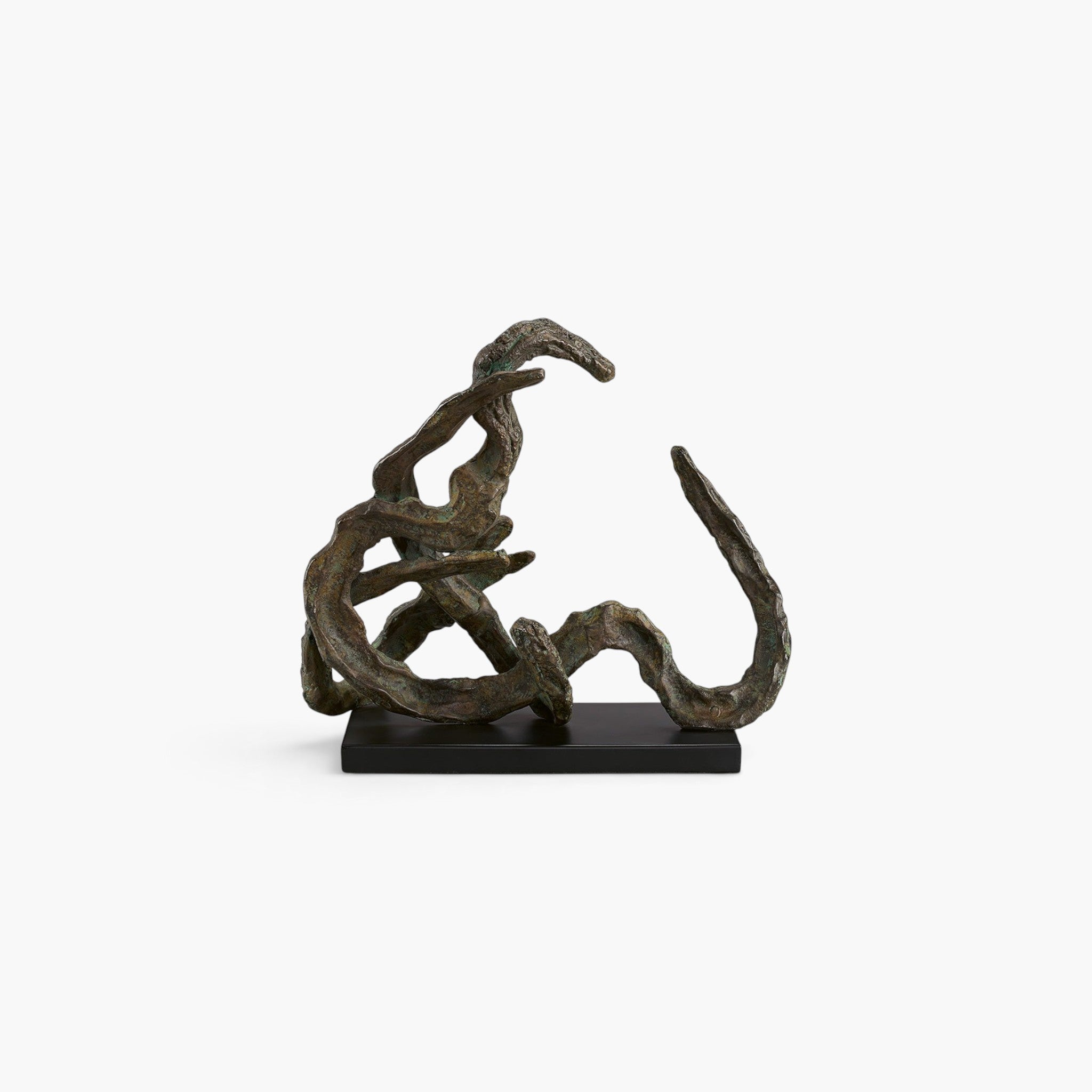 Lyckåsen Ramo decorative metal sculpture with organic shapes, green patina finish, and a black rectangular base.