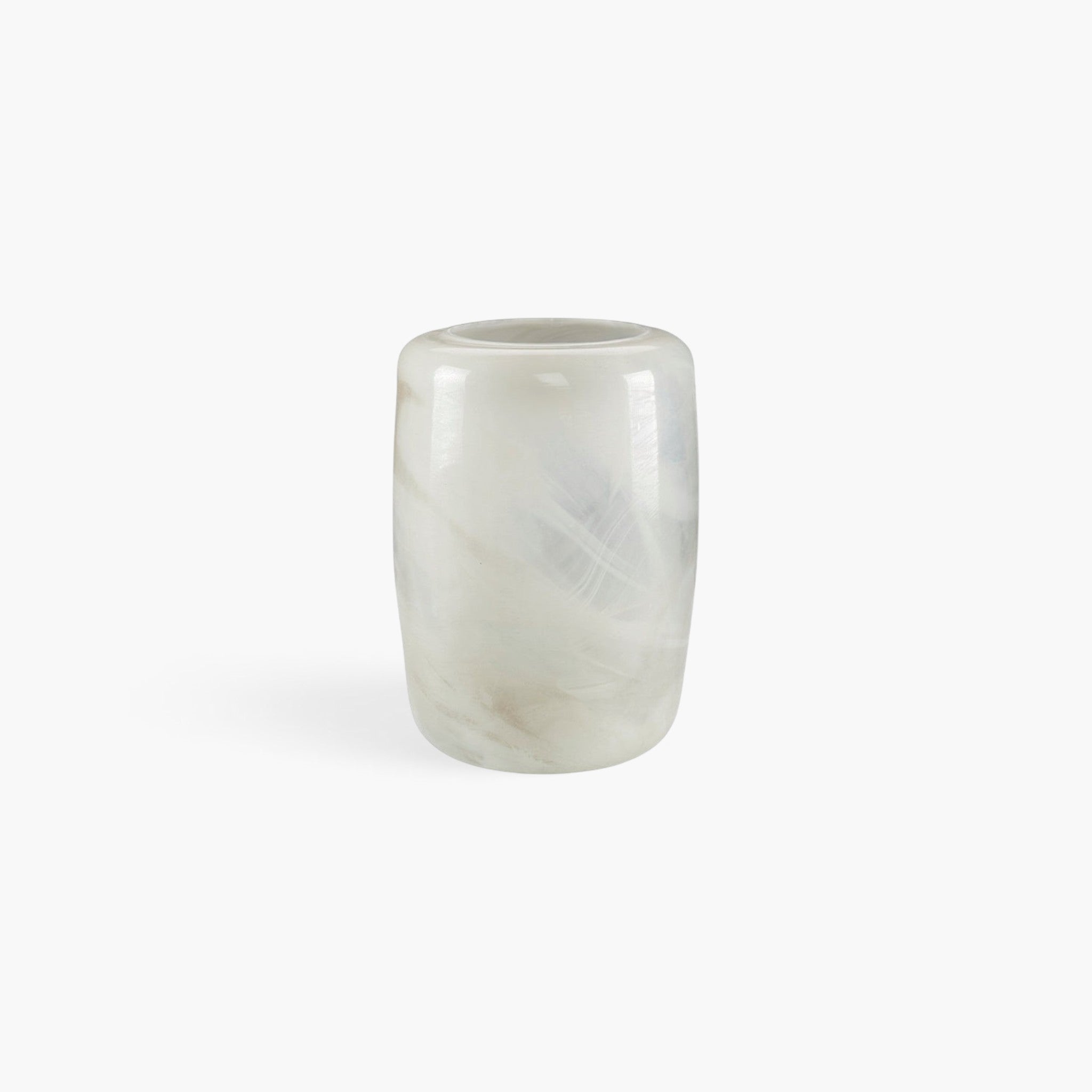 Lyckåsen Reef hand-blown glass vase in pale sand with a unique marbled pattern and smooth cylindrical shape.