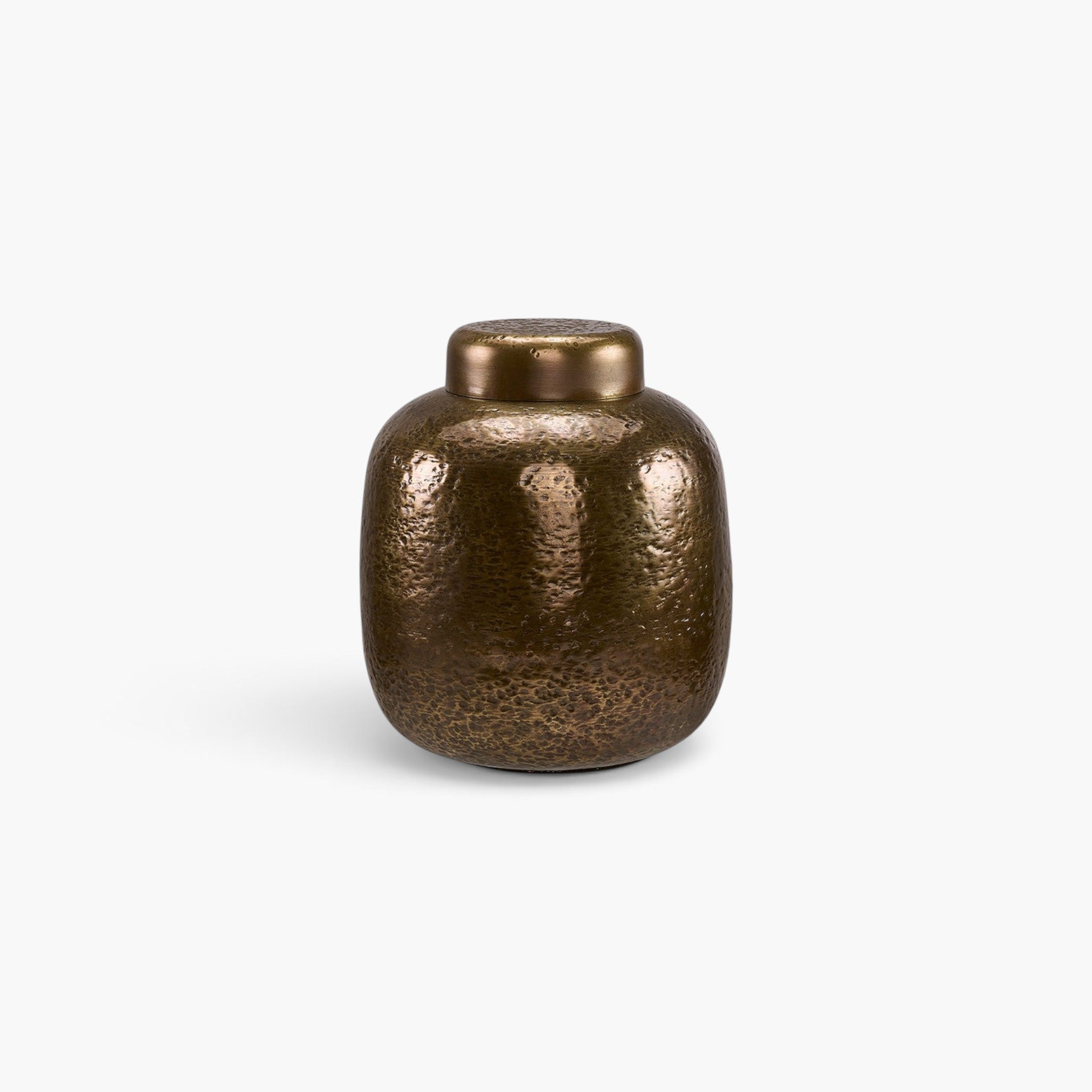 Lyckåsen Renzo decorative metal urn in antique brass with a rustic hammered finish and removable lid.