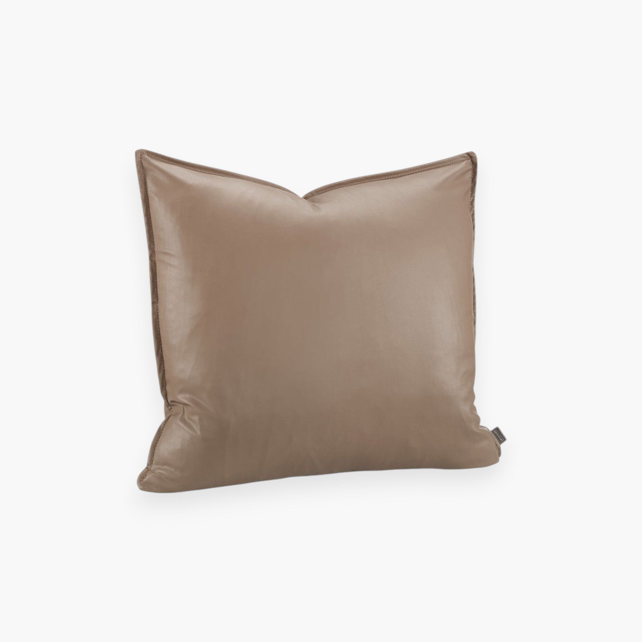 Lyckåsen Roma taupe faux leather cushion cover with decorative side stitching and a hidden bottom zipper.
