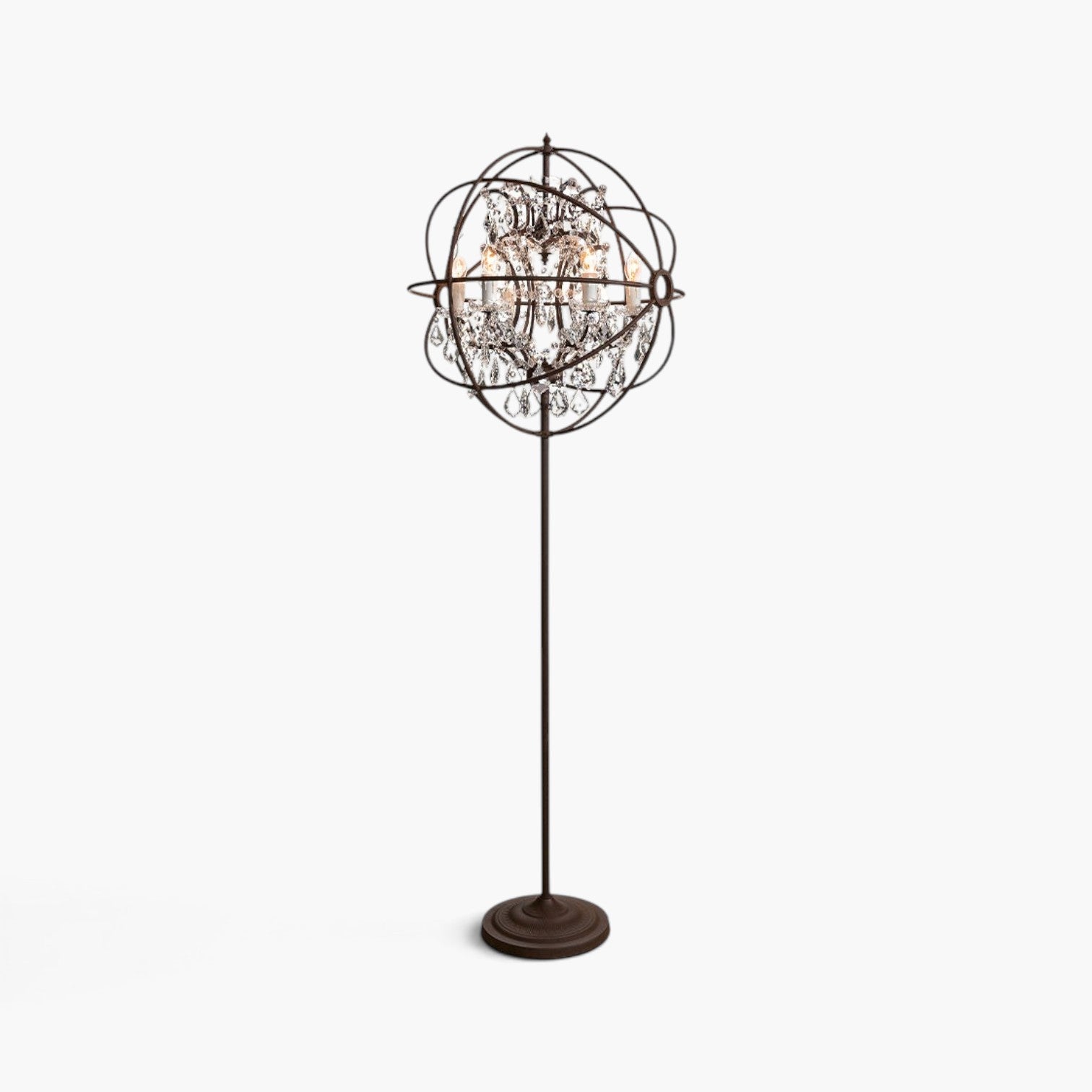 Lyckåsen Rome floor lamp in antique rust iron with a spherical frame and elegant crystal chandelier accents.