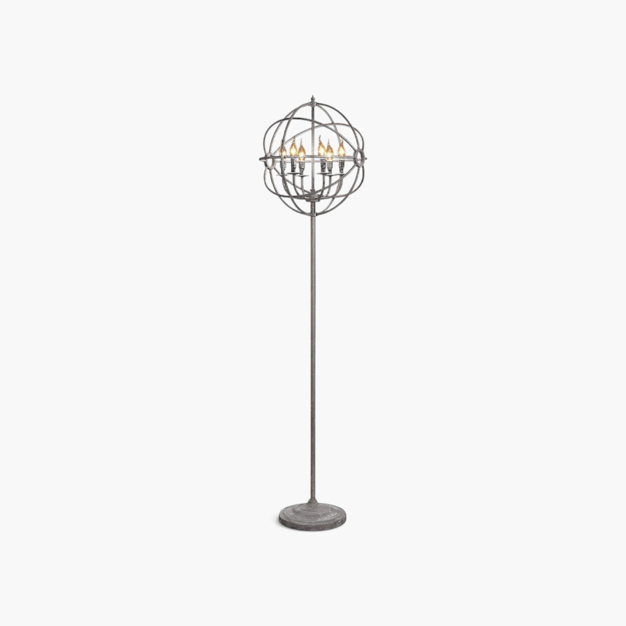 Lyckåsen Rome floor lamp in natural iron with a spherical metal frame and six E14 candle-style light sources.