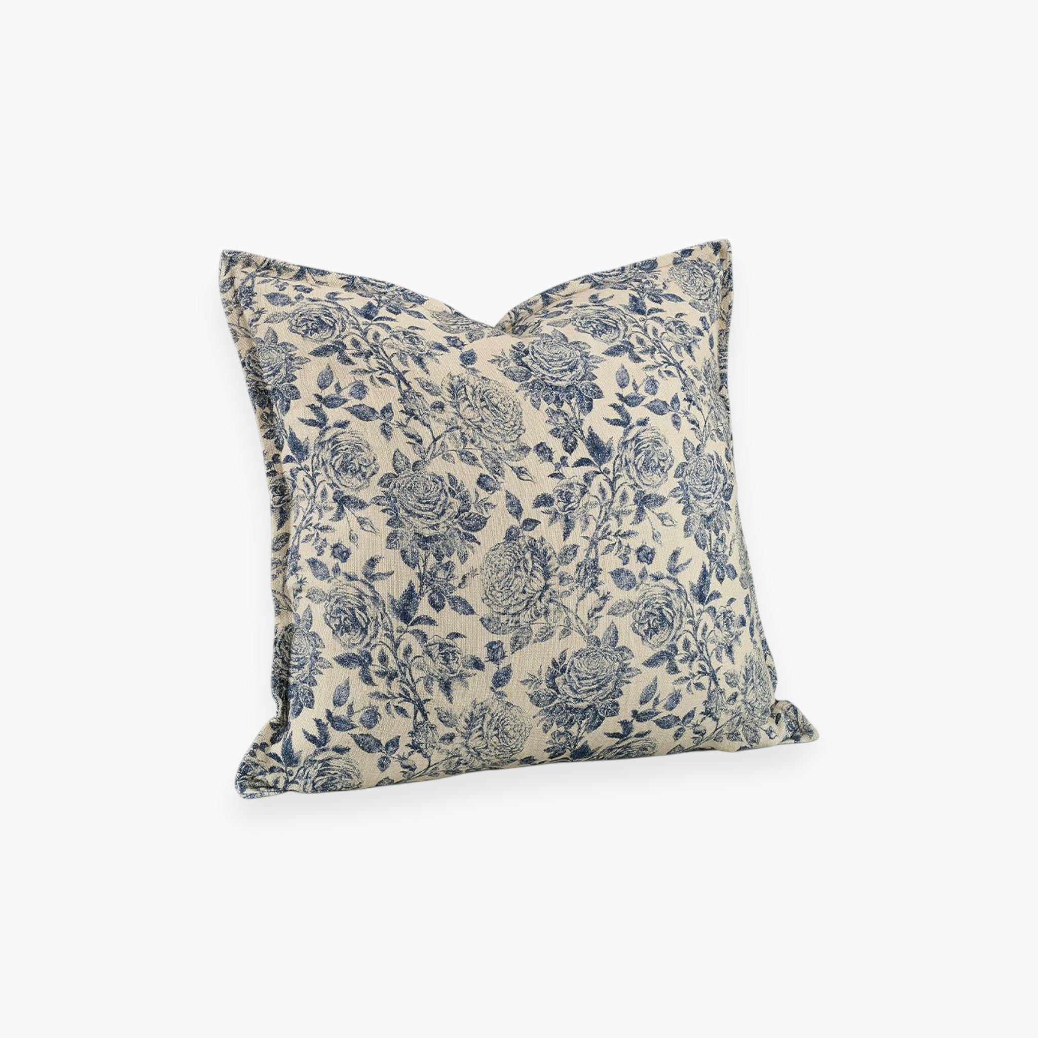 Lyckåsen Rosario decorative cushion cover in indigo blue floral pattern on a light cotton and linen blend fabric