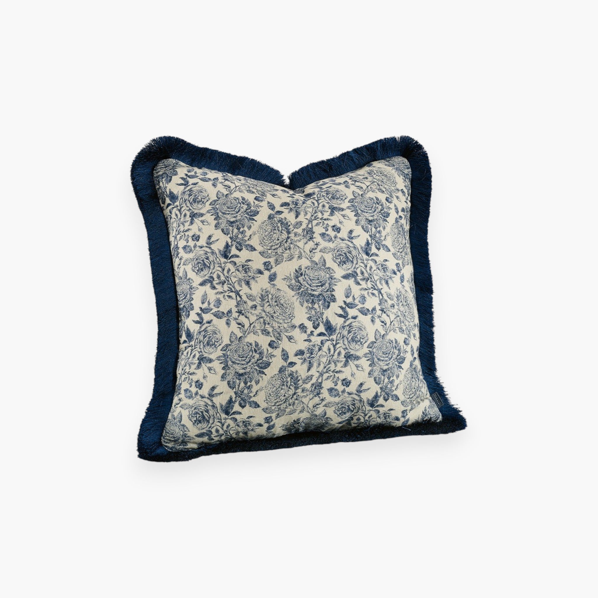 Lyckåsen Rosario indigo floral cotton and linen cushion cover with dark blue fringe trim