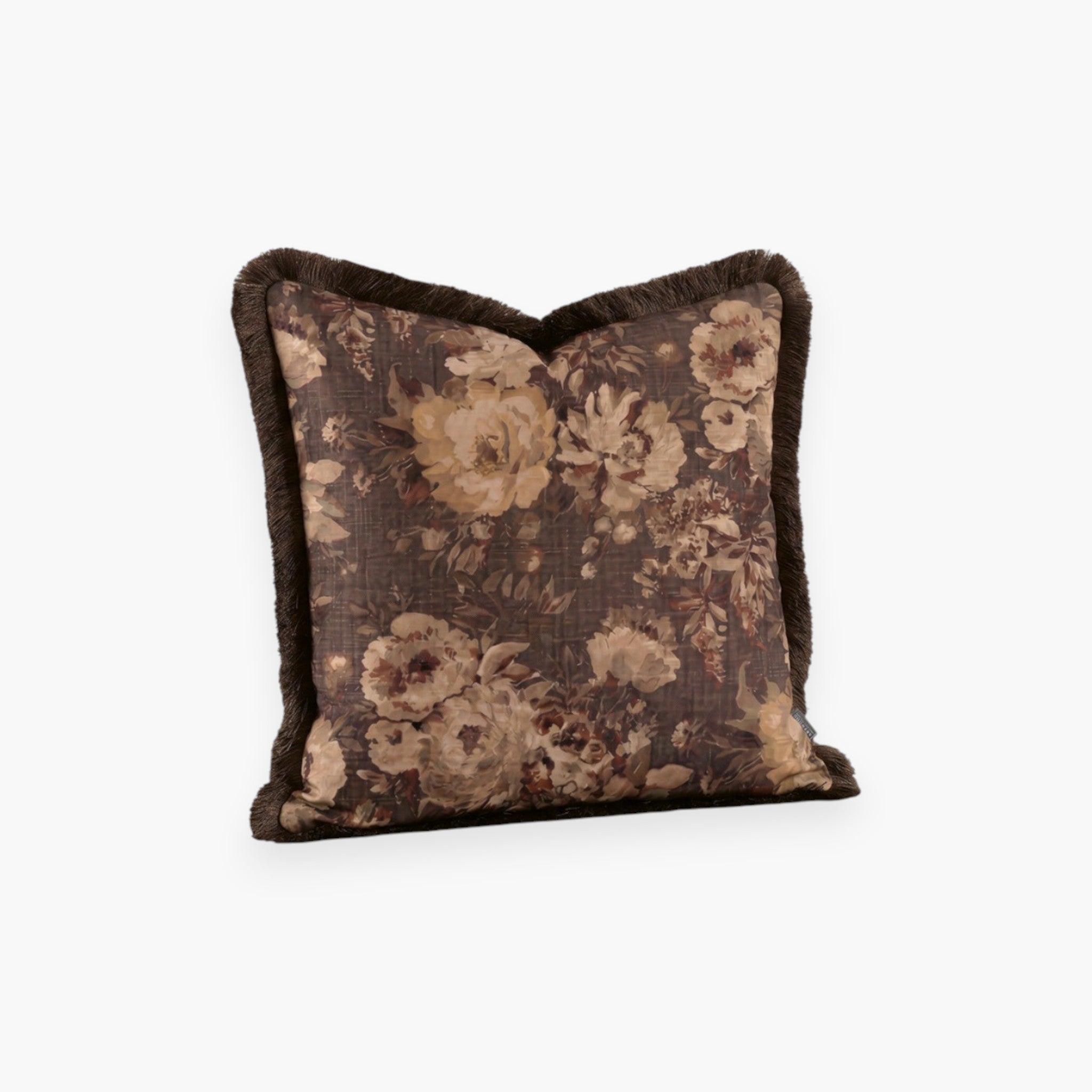 Lyckåsen Rosehill floral cushion cover in brown and beige linen-viscose blend with decorative dark brown fringe trim.