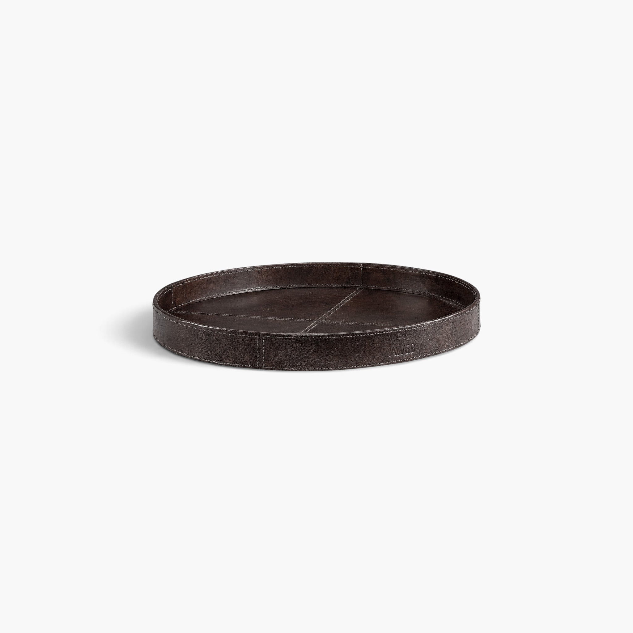 Lyckåsen round deep brown leather serving tray with decorative stitching and 41 cm diameter