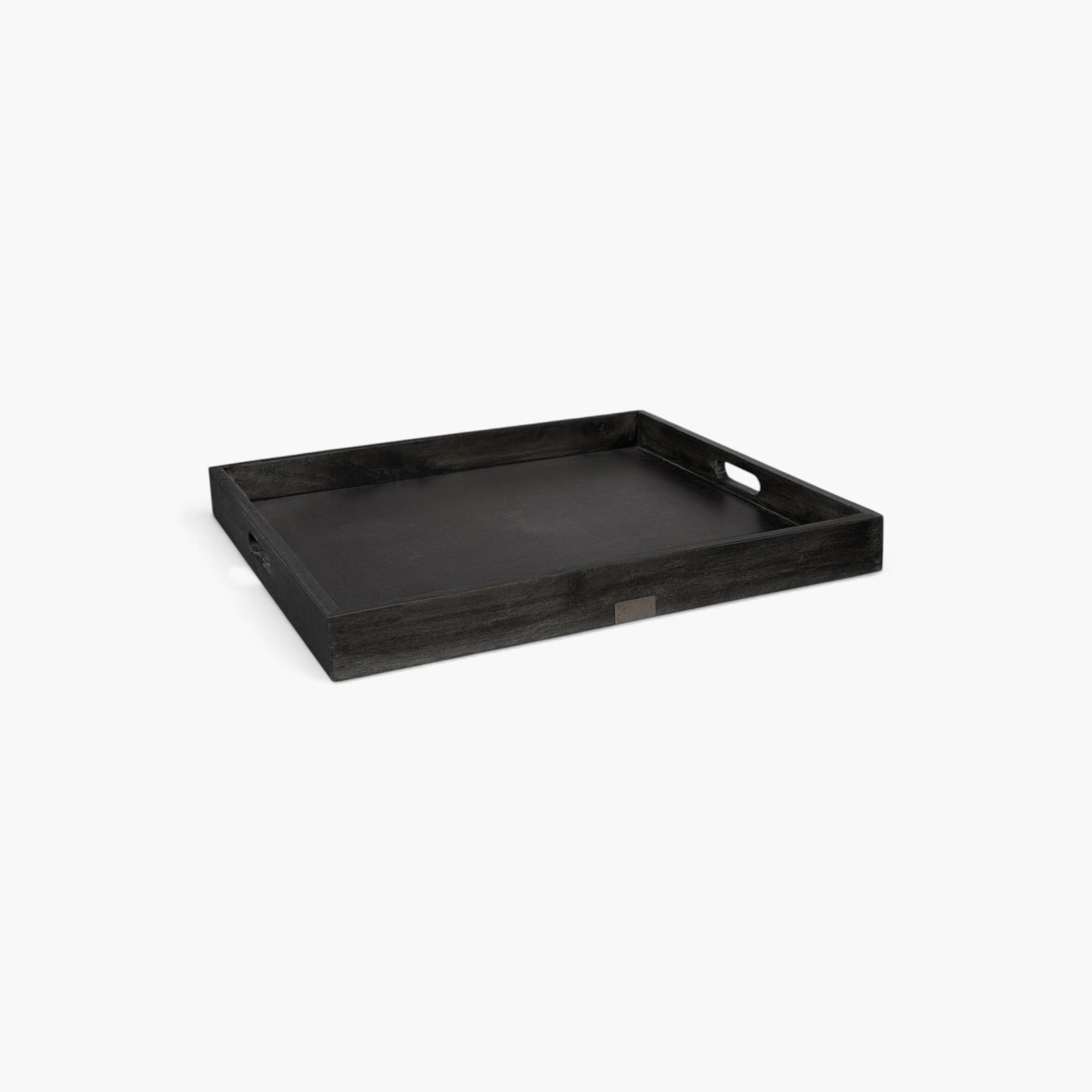 Lyckåsen square Kings Road serving tray in dark stained oak wood with metal detail and integrated side handles.