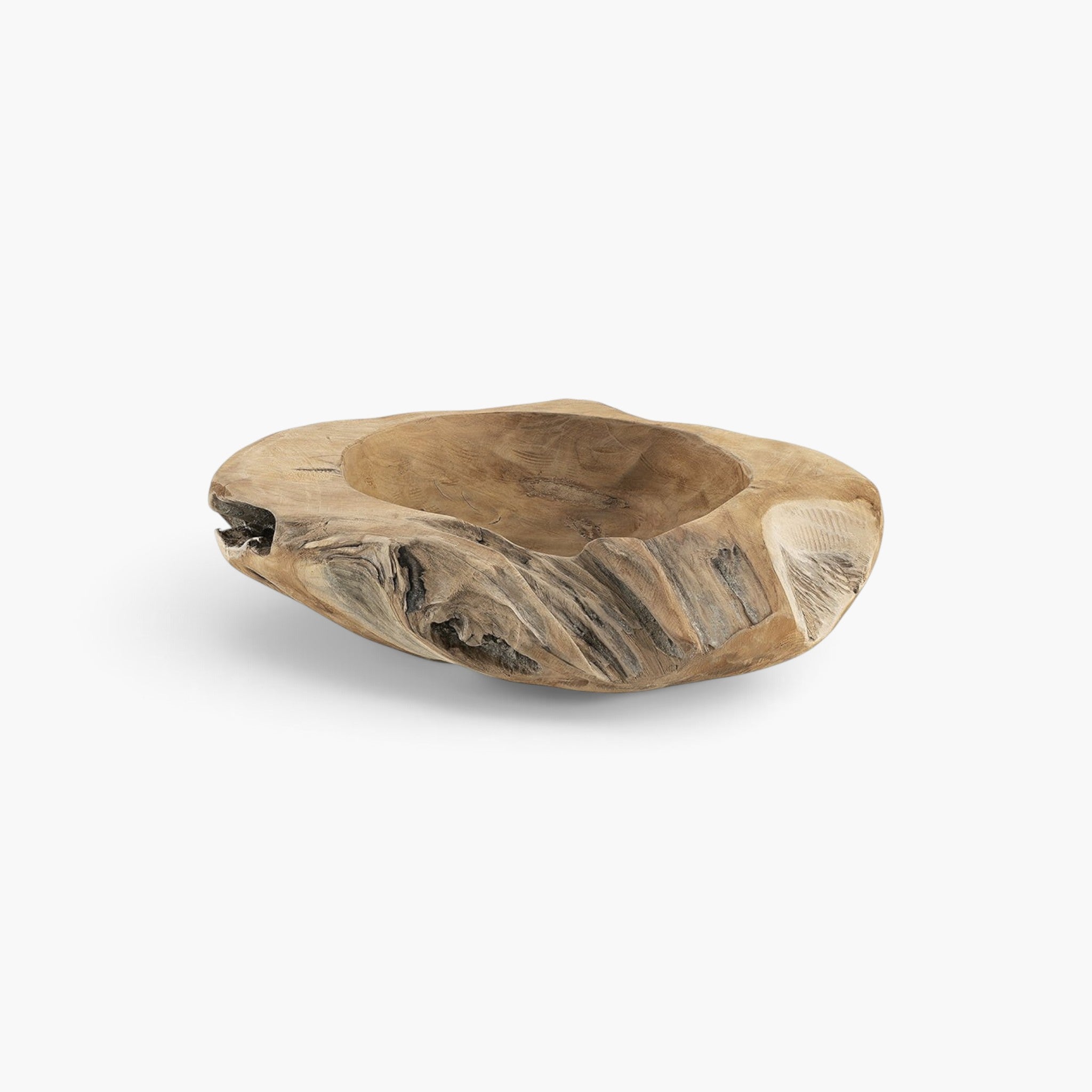 Lyckåsen rustic teak wood bowl with a natural driftwood-inspired organic shape and unique wood grain texture.