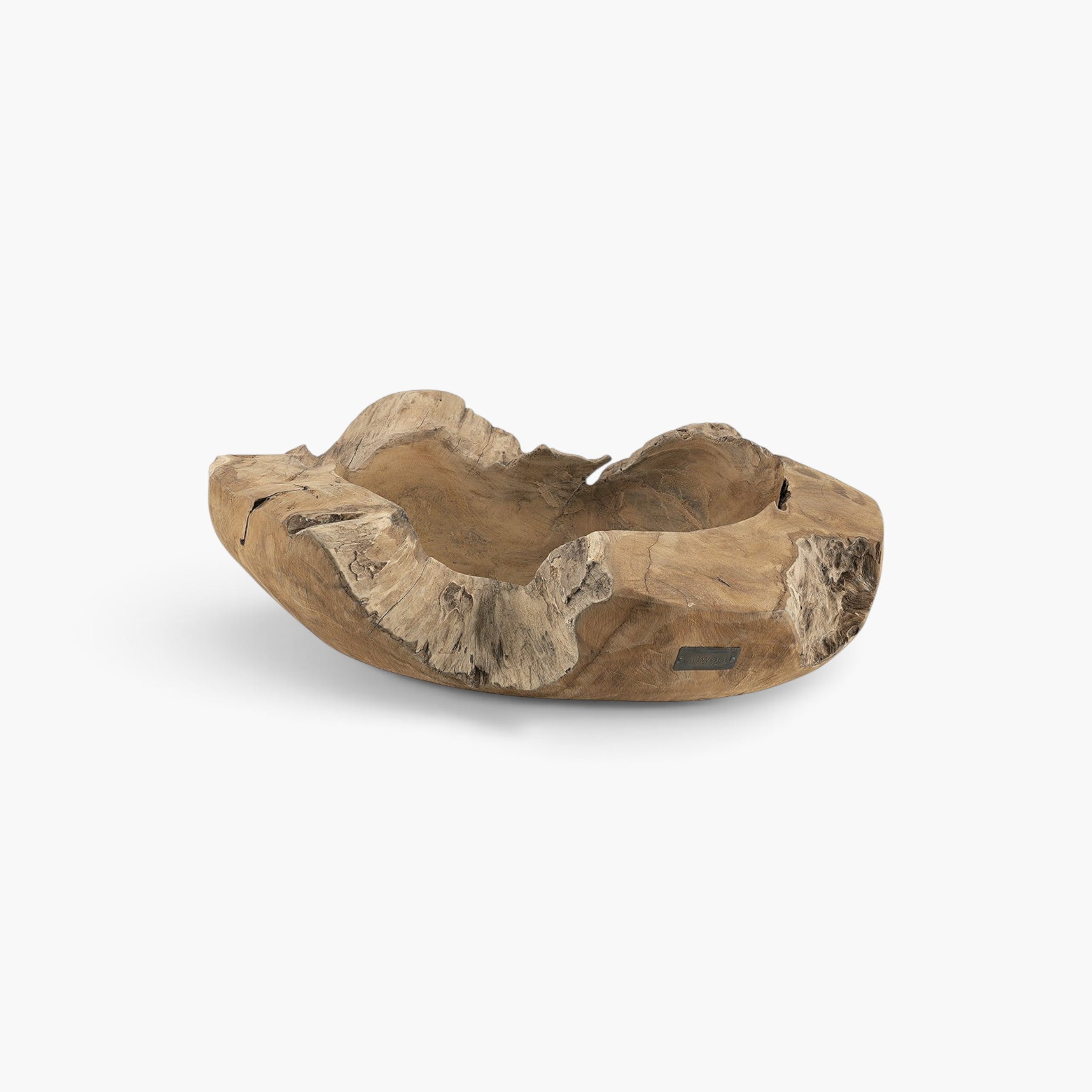 Lyckåsen rustic teak wood bowl with a natural driftwood-like shape and unique organic texture for home decor.