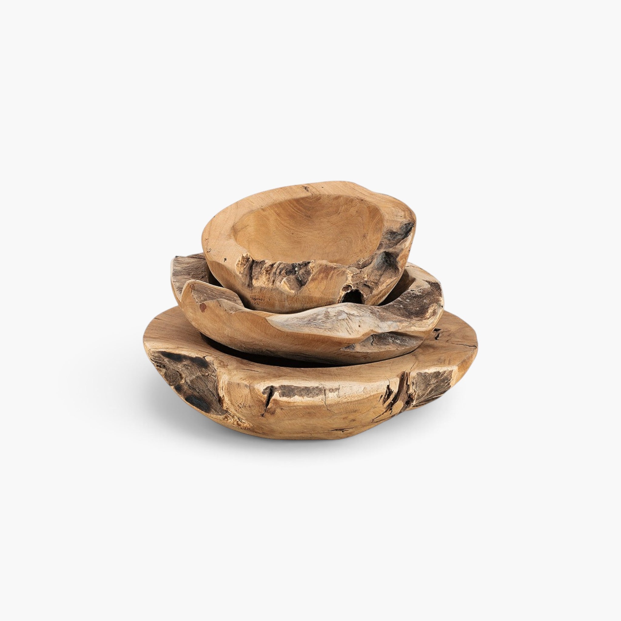 Lyckåsen 3-pack rustic teak wood bowls with unique driftwood-inspired shapes and natural textures.