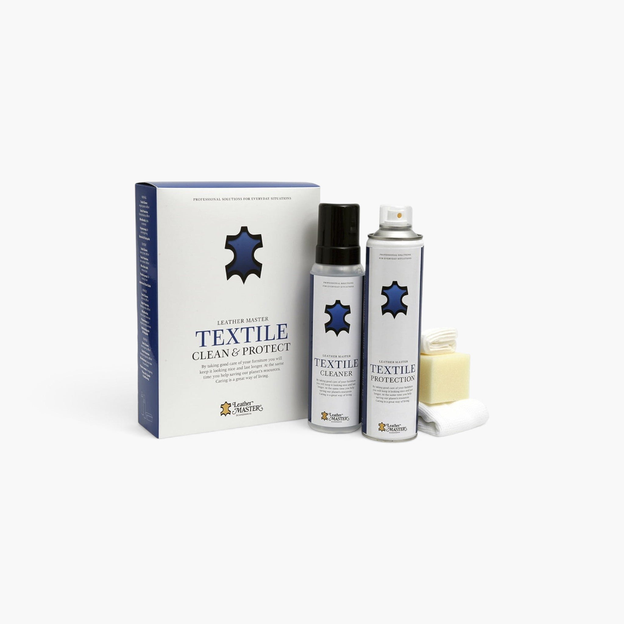 Lyckåsen Textile Clean & Protect kit with cleaner foam, protective spray, sponge, and cloths for furniture care.