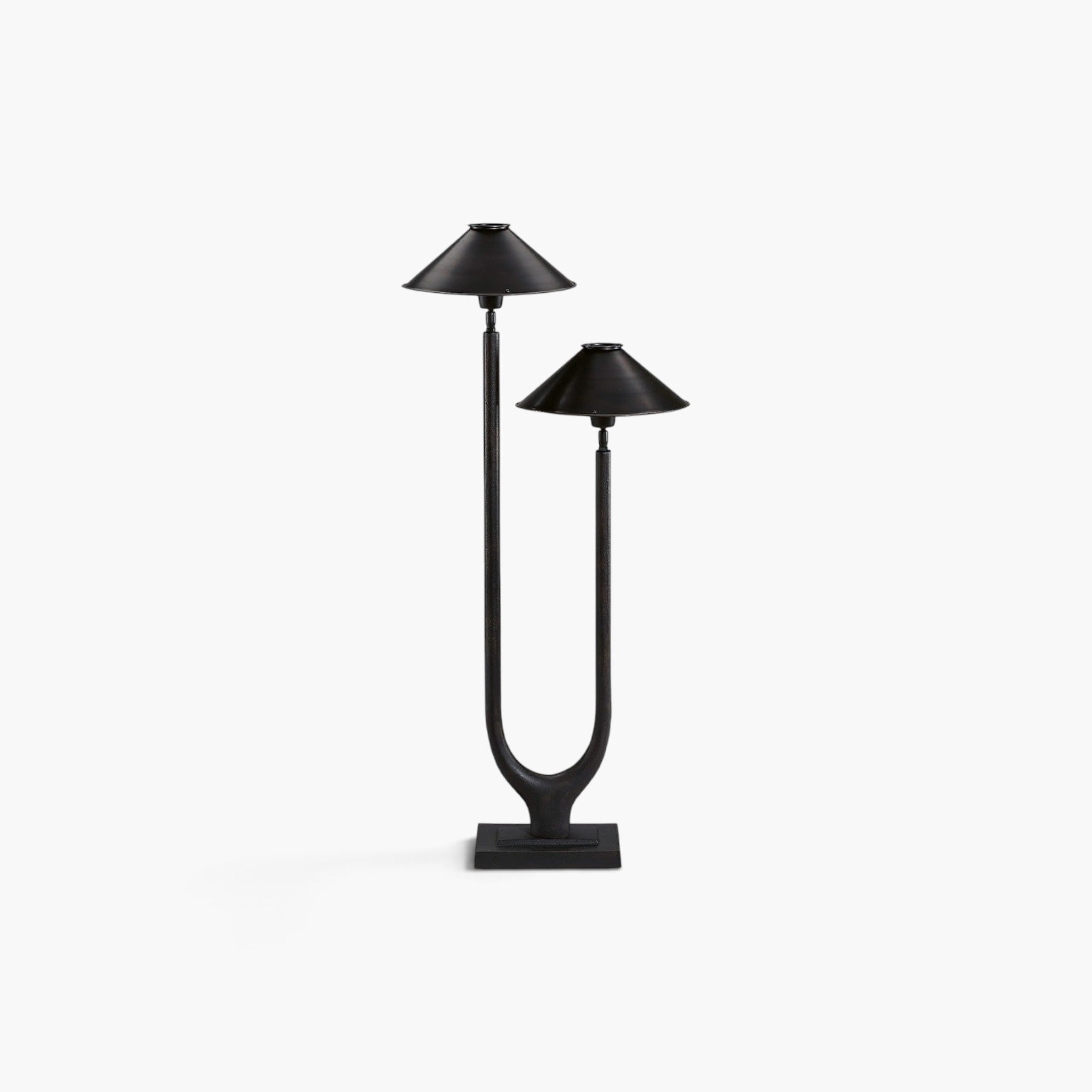 Lyckåsen Twin table lamp in antique black metal with two adjustable arms and a modern, minimalist design.