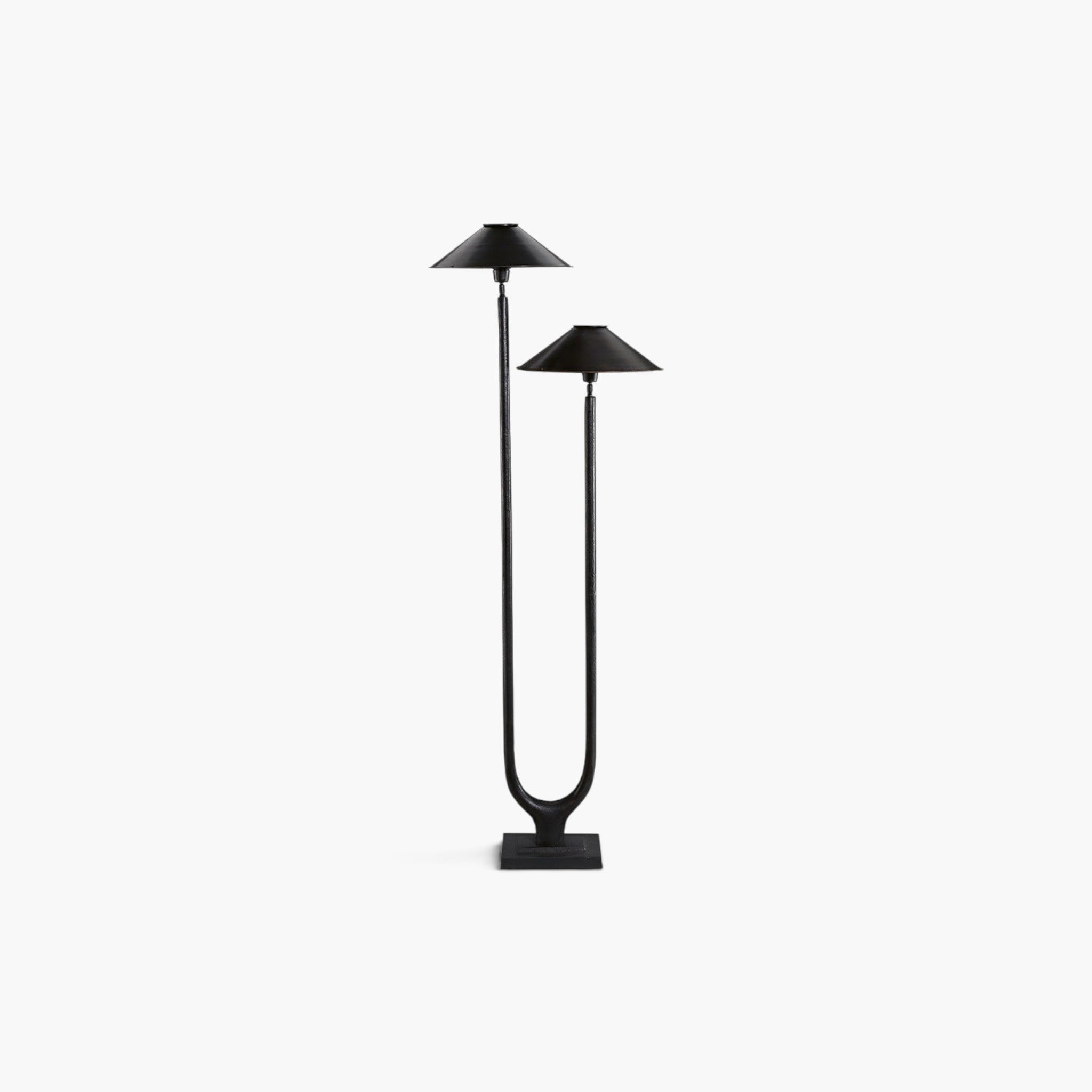 Lyckåsen Twin floor lamp in antique black metal with a decorative two-armed design and conical shades.