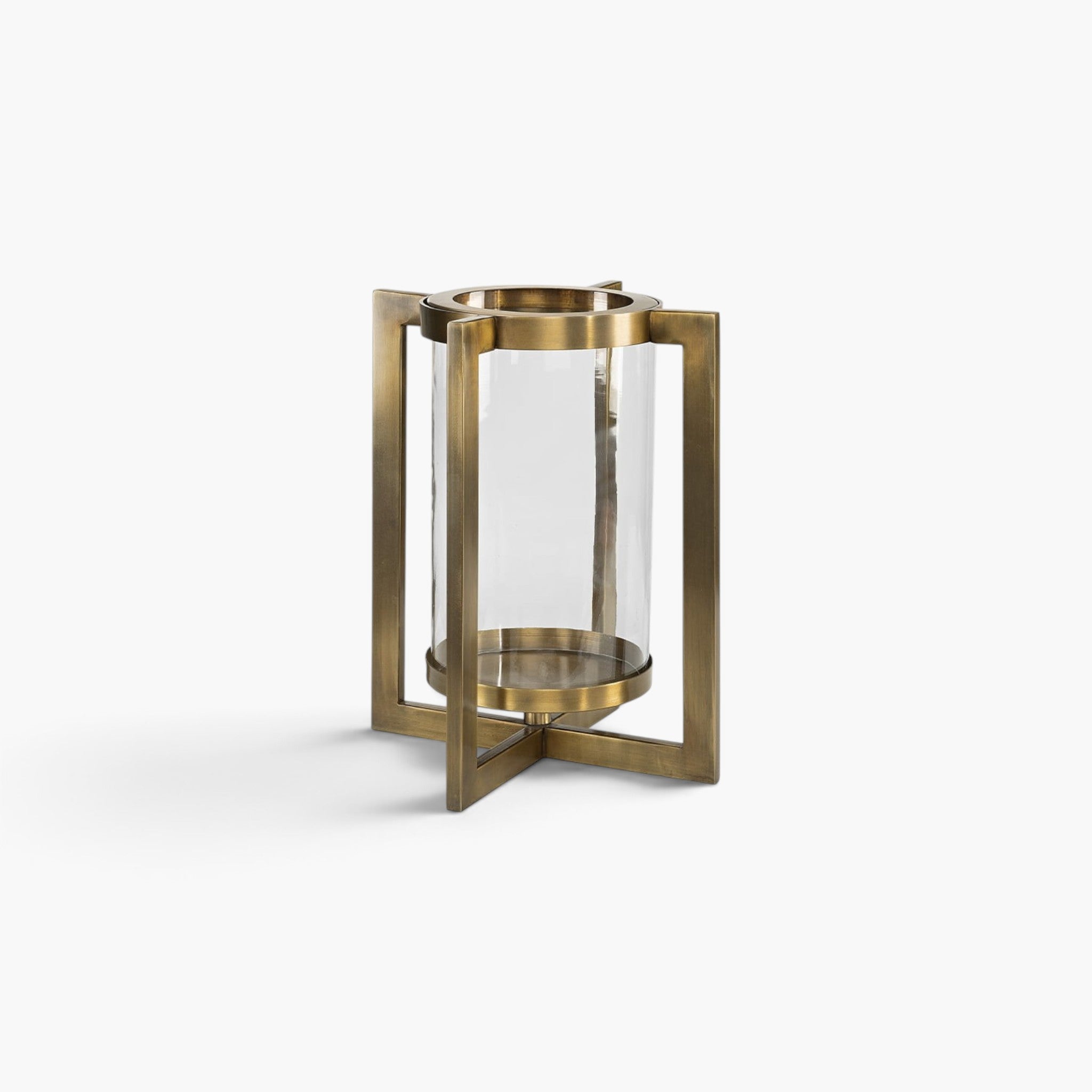 Lyckåsen Verano lantern in antique brass metal with a cylindrical hand-blown glass insert for home decor.