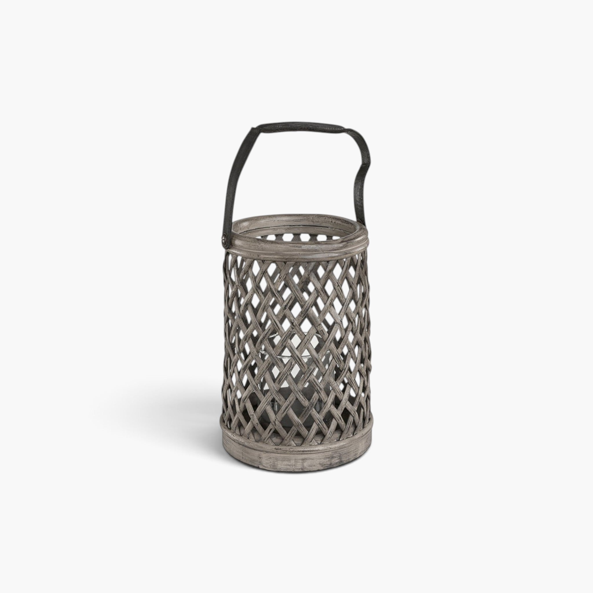 Lyckåsen vintage bamboo lantern with a woven grey finish, glass candle insert, and a sturdy carrying handle.
