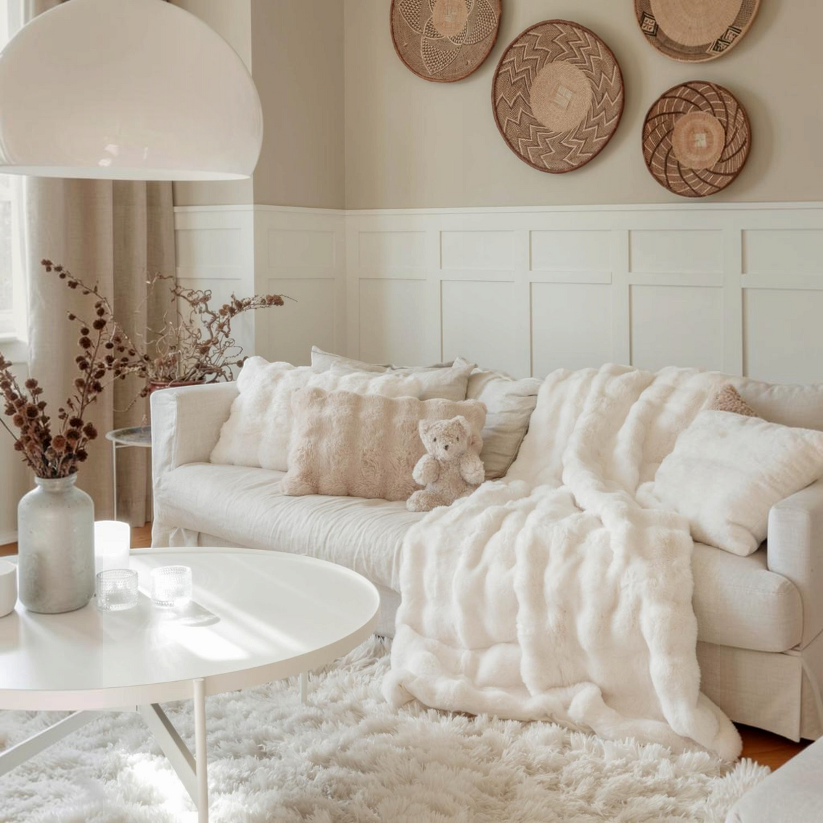 Lyckåsen Misty ivory faux fur cushion 40x60 cm on a white sofa with a matching plush throw blanket